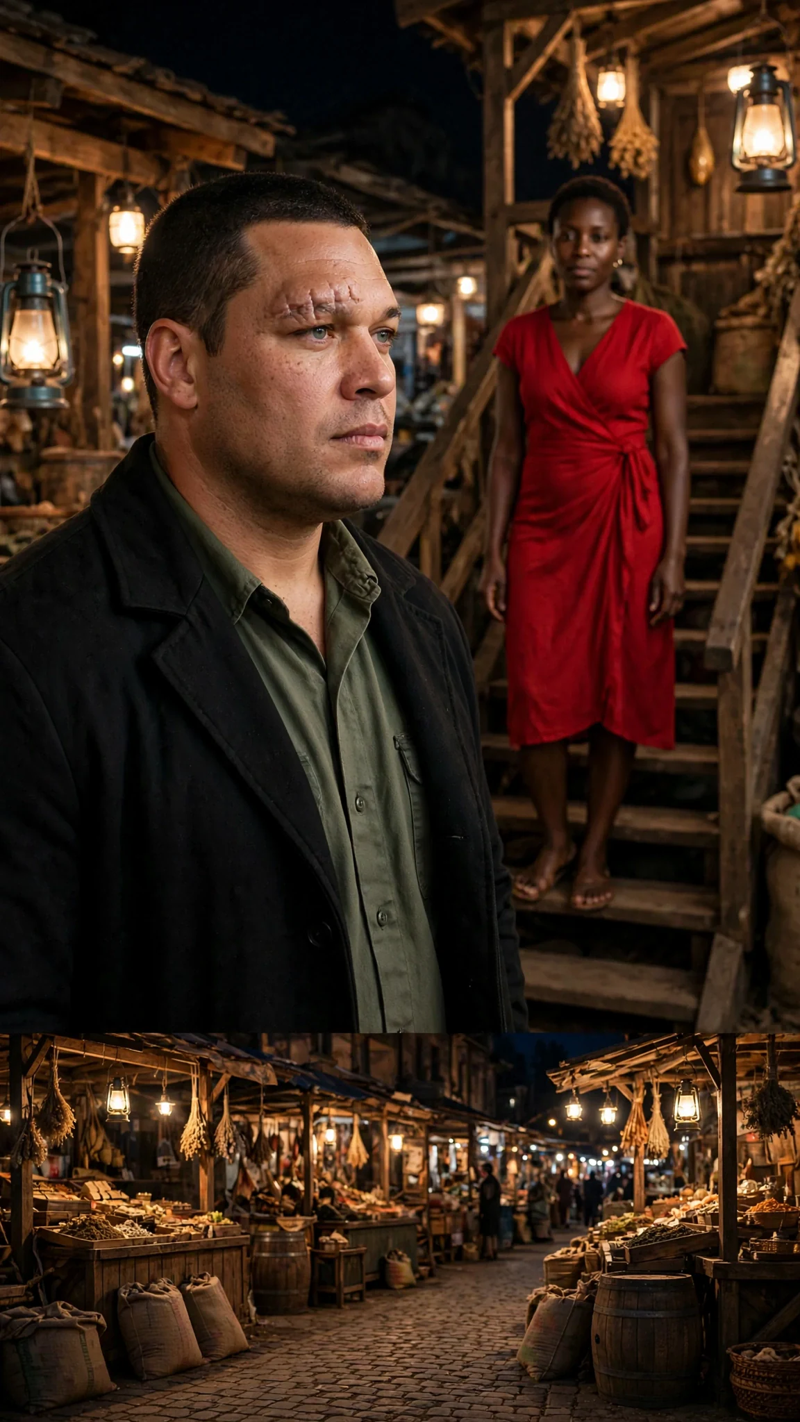 Aric watches Kestra leave, then turns toward the narrow staircase where Mirembe waits.