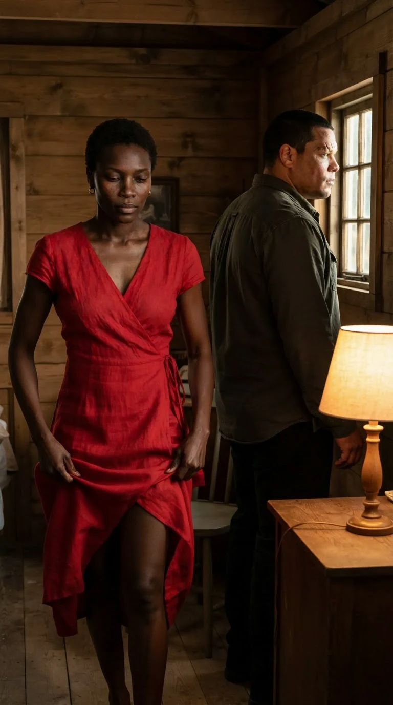 Mirembe pulls her red dress straight while Aric turns his back to her.