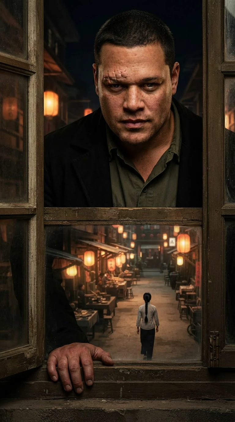 Aric stands at the window looking down at the market street as Kestra walks away.