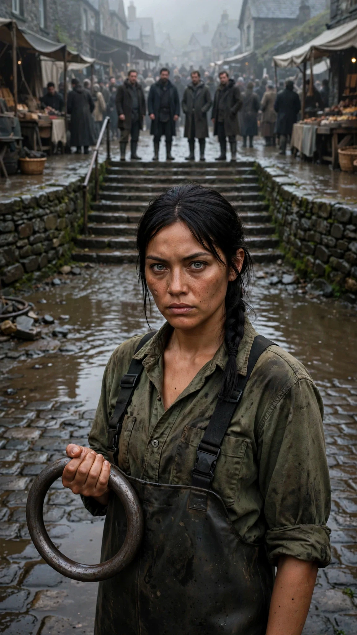 A woman in waders stands on wet cobbles at dawn while four men in dark coats wait at the top of stone stairs.