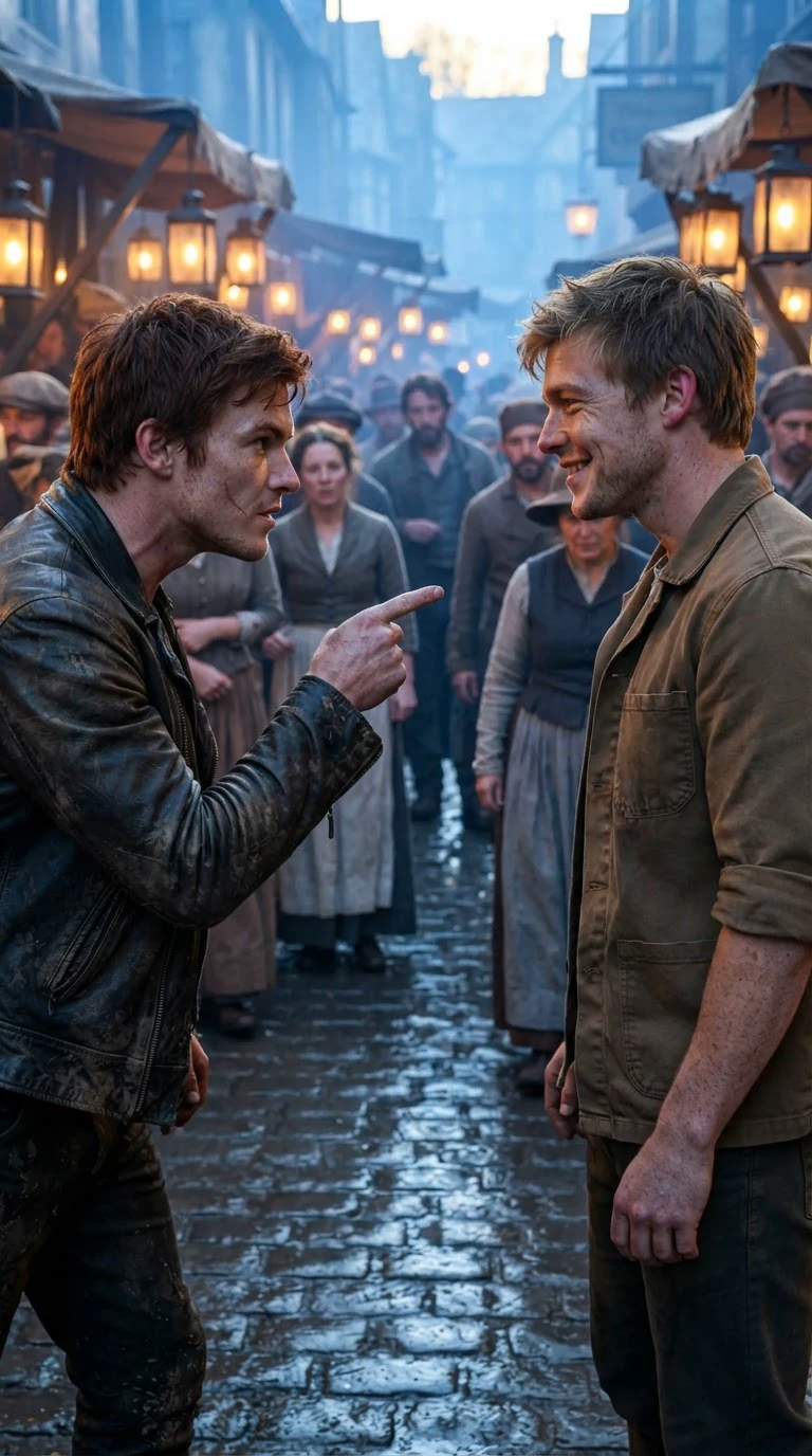 A muscular red-haired man with a jaw scar jabs a finger at a grinning sandy-haired man in a market crowd.