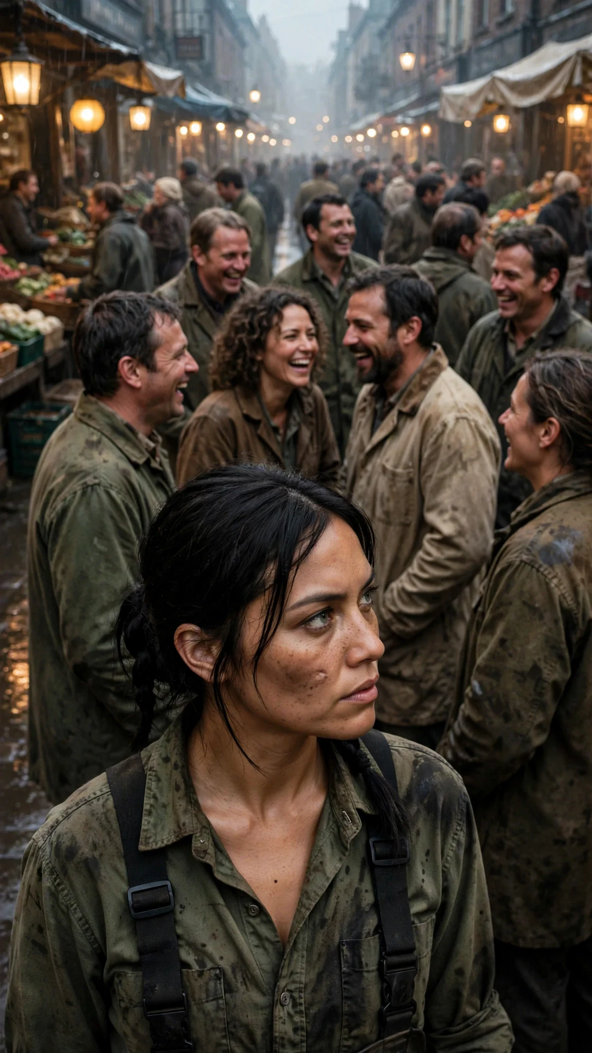 A crowd of townspeople laugh on a wet market row while a woman in waders watches from below the stairs.