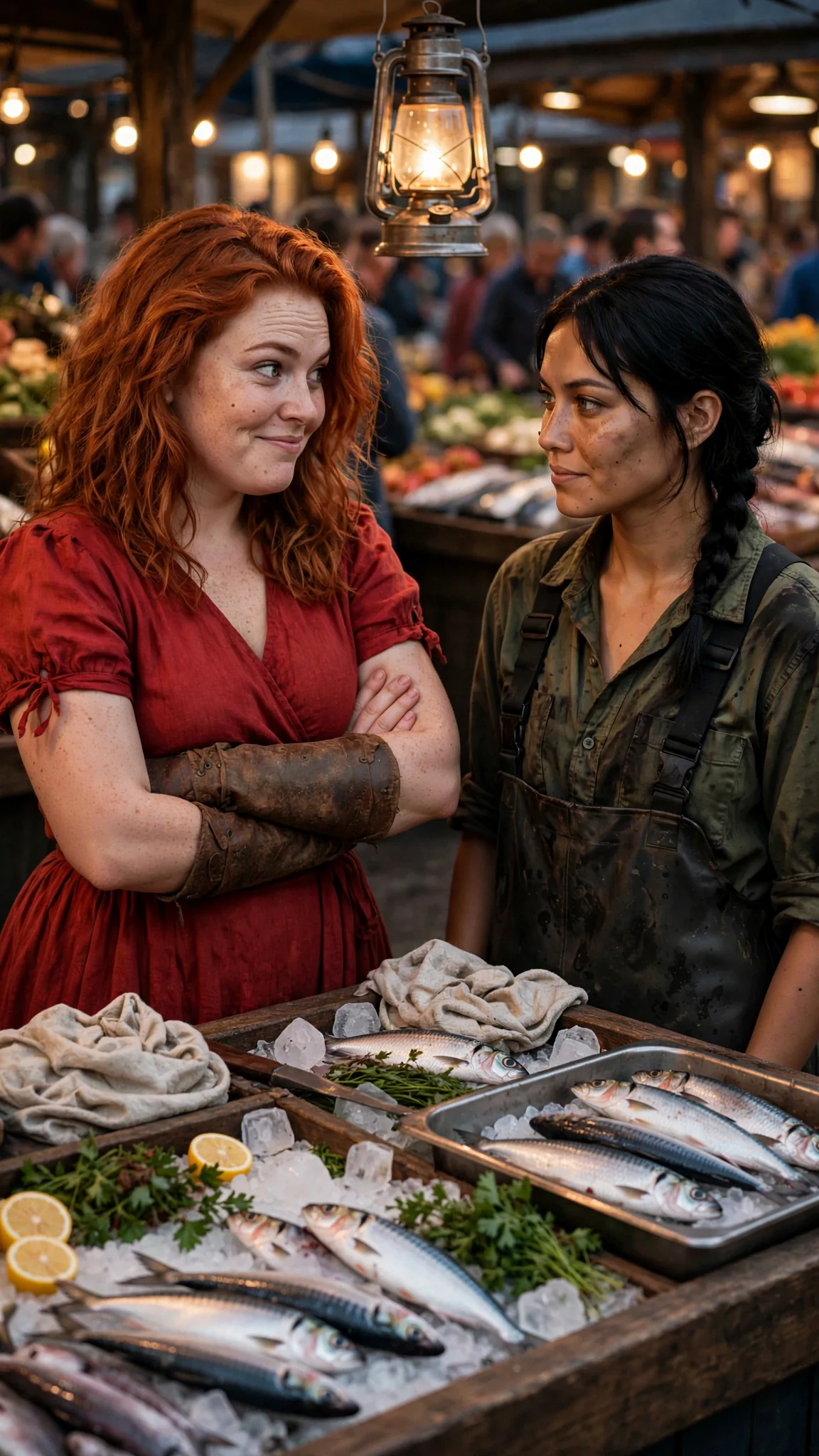 A copper-haired woman in a red dress smirks with her arms folded in front of a fish stall.