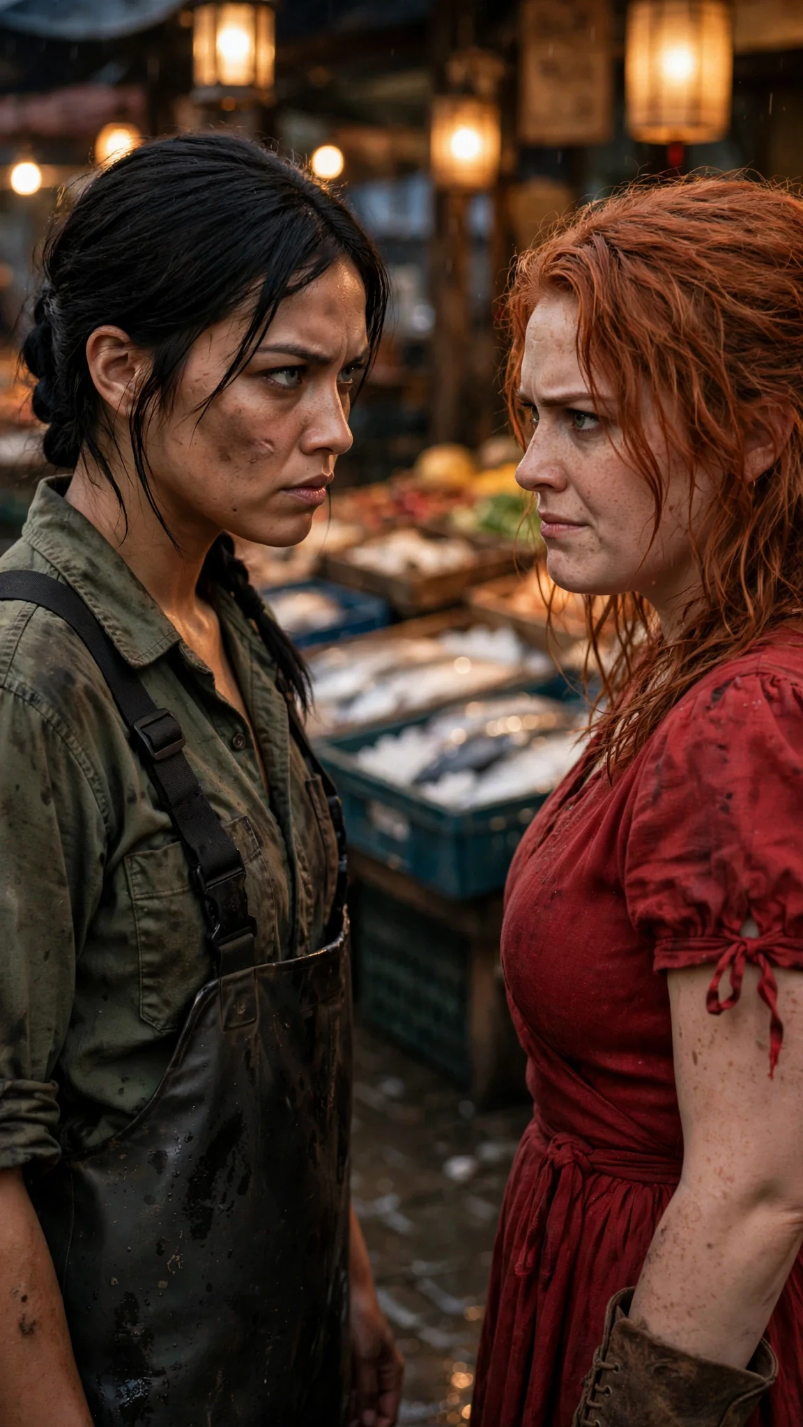 The woman in waders lifts her chin at the woman in the red dress, jaw set hard.