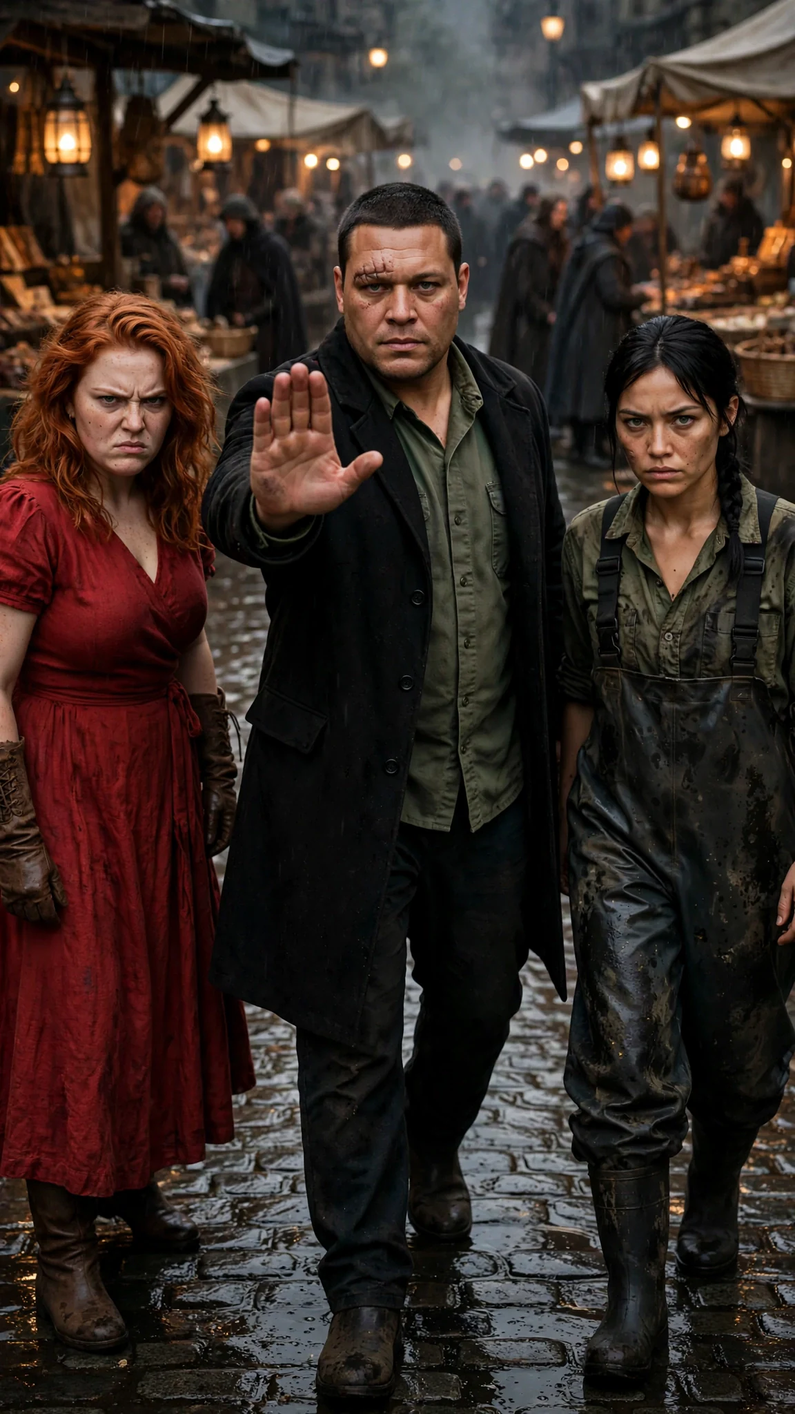 A tall scarred man in a black coat raises one hand between the two women.