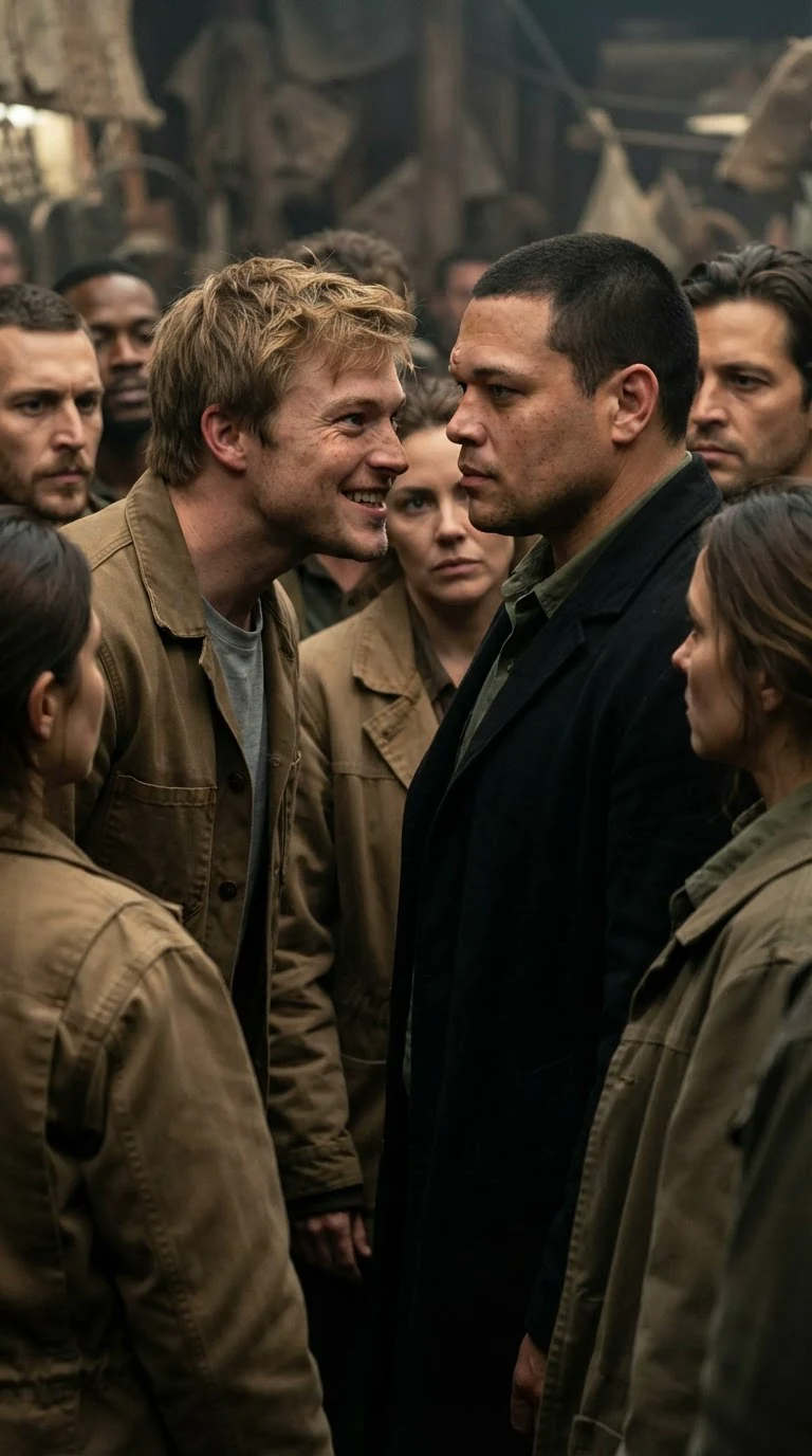 The sandy-haired man grins nastily at the man in the black coat while the crowd leans in.