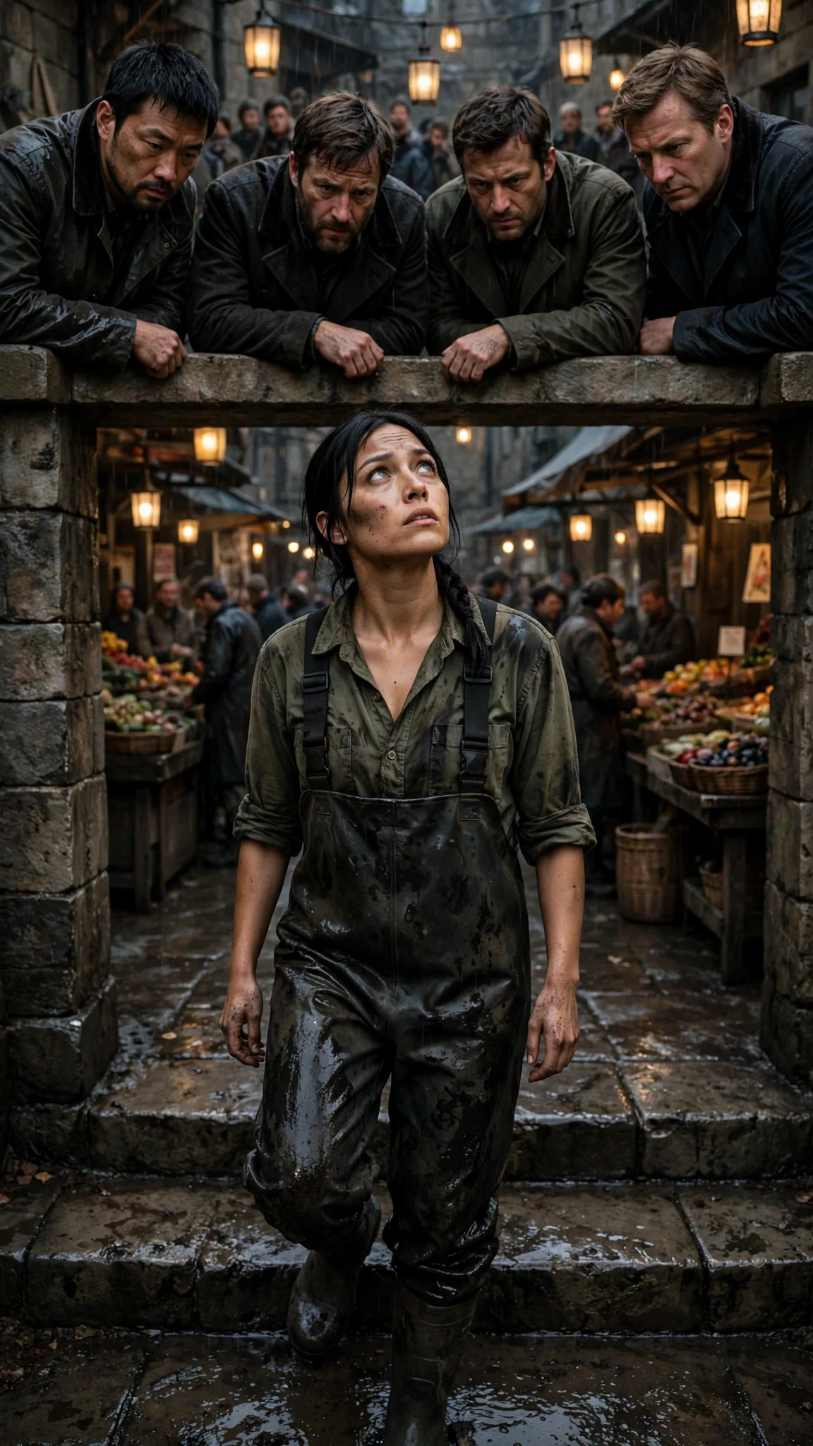The woman in waders steps forward onto the bottom stair and faces all four men.