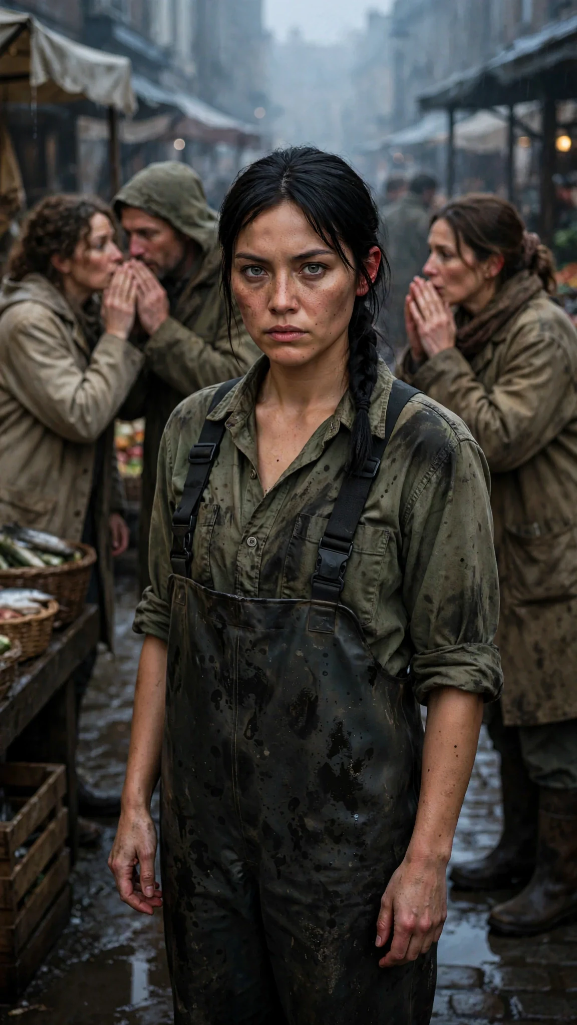 Townspeople whisper behind their hands while the woman stands alone in the middle of the row.