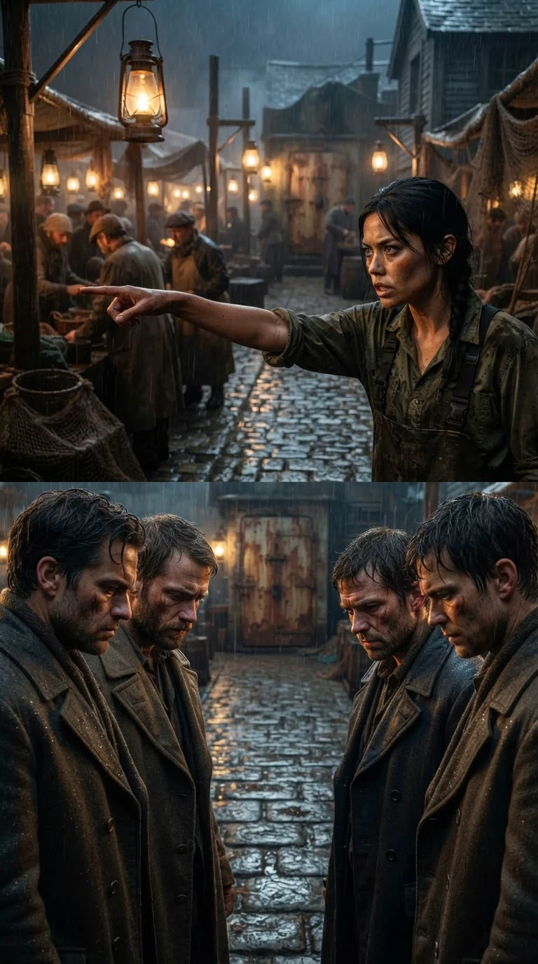 She points at the pump house door down the row, speaking to all four men at once.