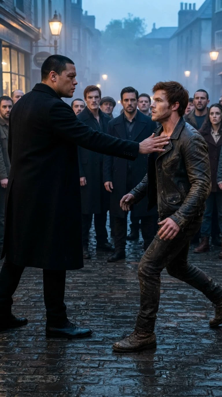 A scarred man in a black coat plants his palm on a red-haired man's chest as the crowd stares.
