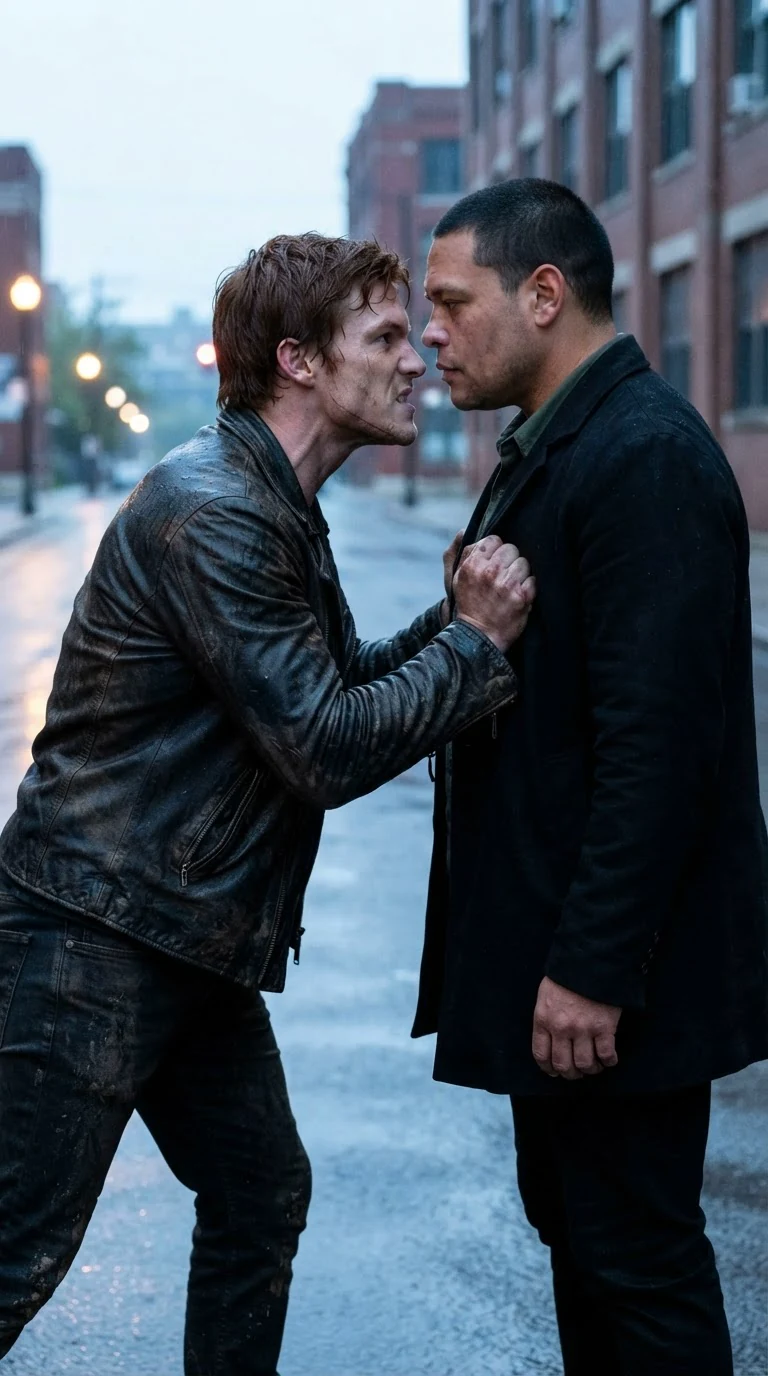 The two men stand chest to chest, the red-haired one furious, the scarred one unmoving.