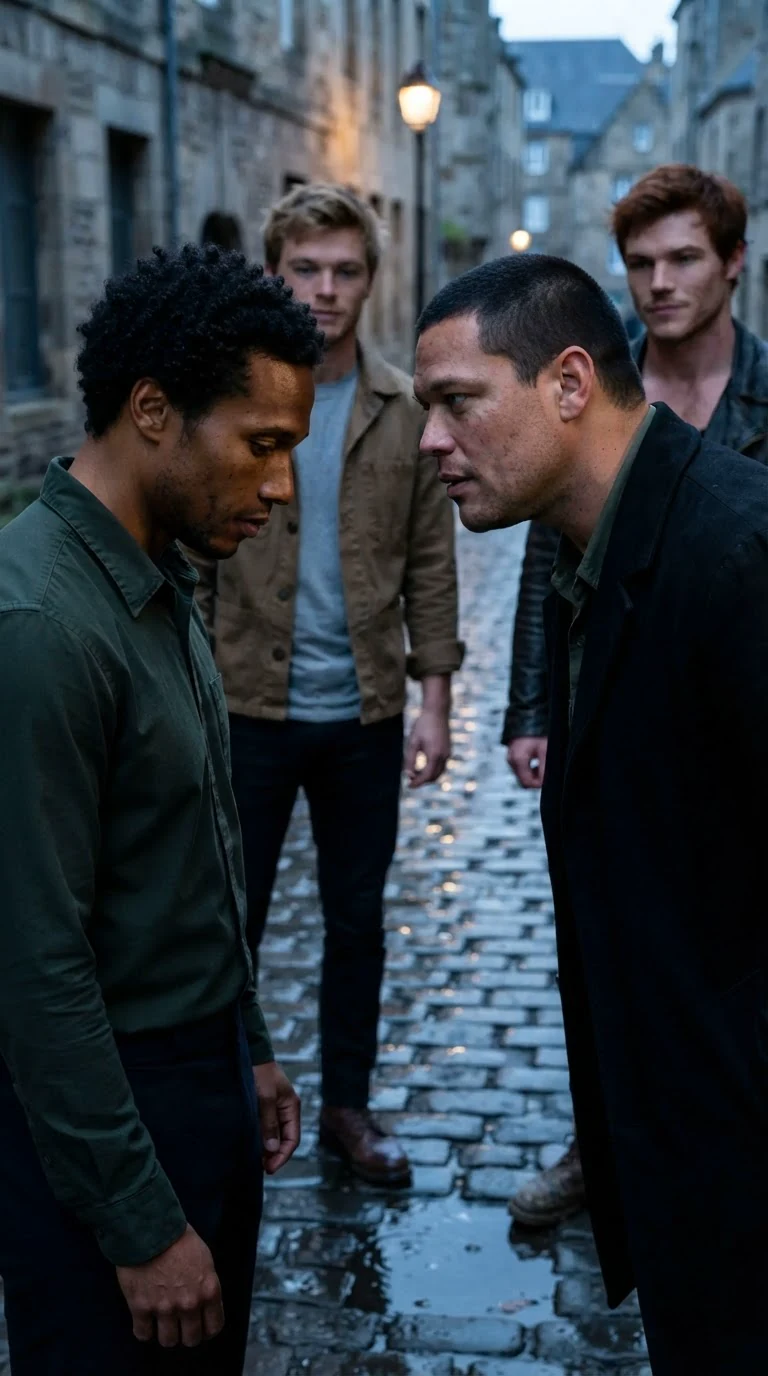 The calm man in the work shirt looks at the ground, ashamed, while the scarred man answers.