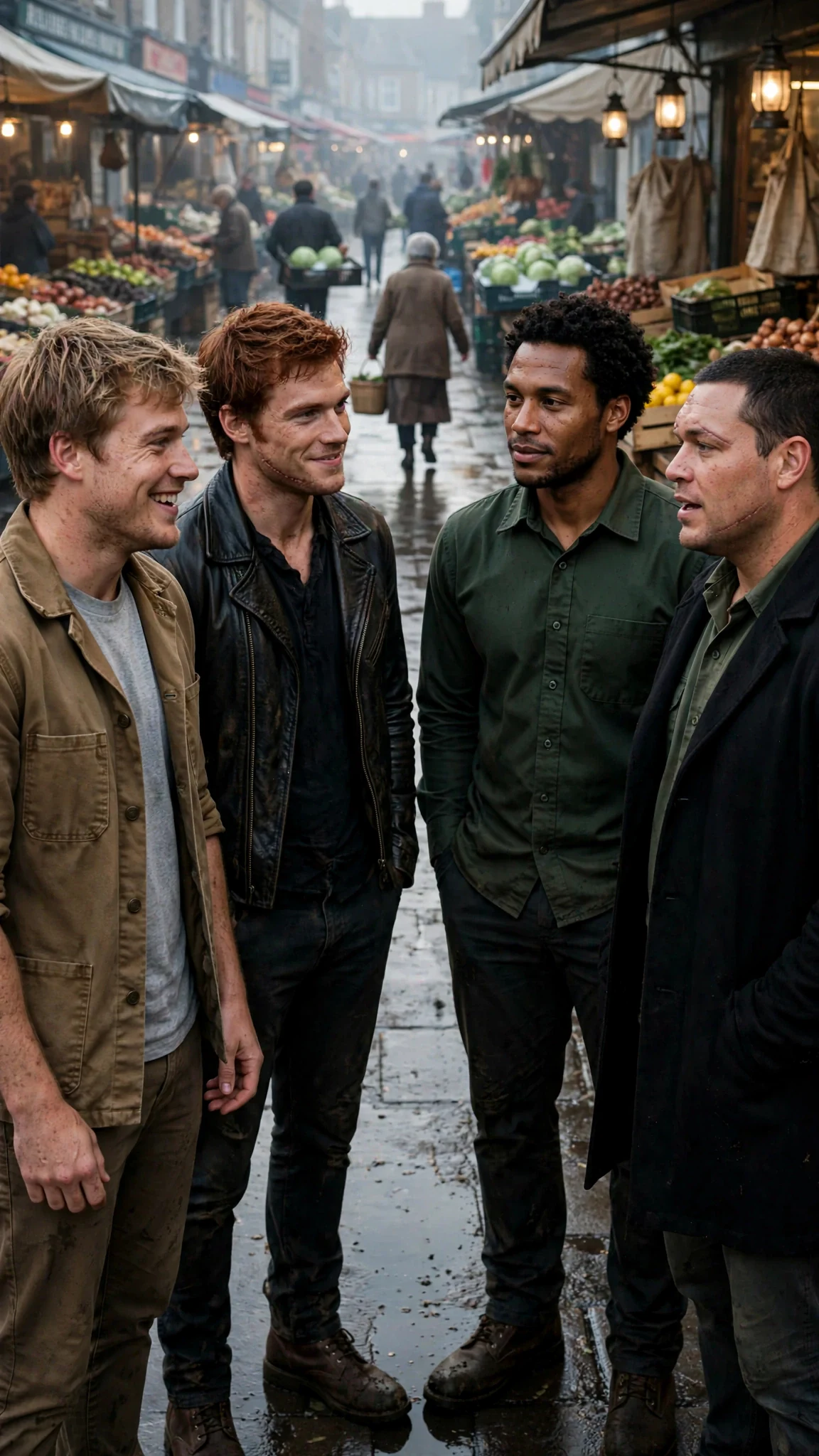 Four men stand together in the emptying market row, the crowd drifting away around them.