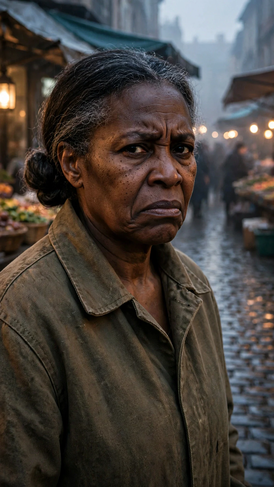 Ona stands in the crowded market row at dawn, jaw tight, watching the four Alphas behind her.