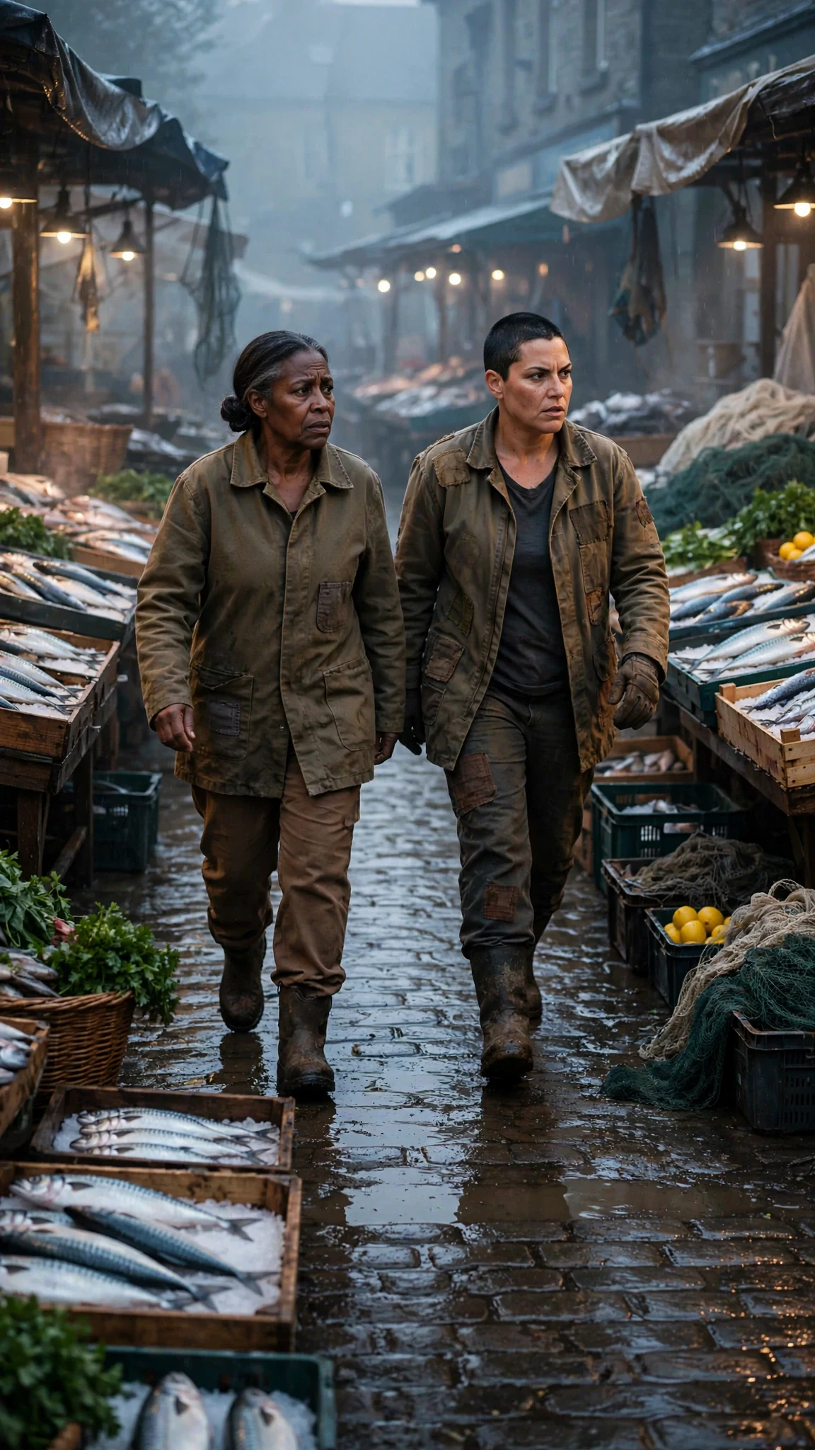 Ona and Mavra hurry across the wet market row toward the pump house stairs.
