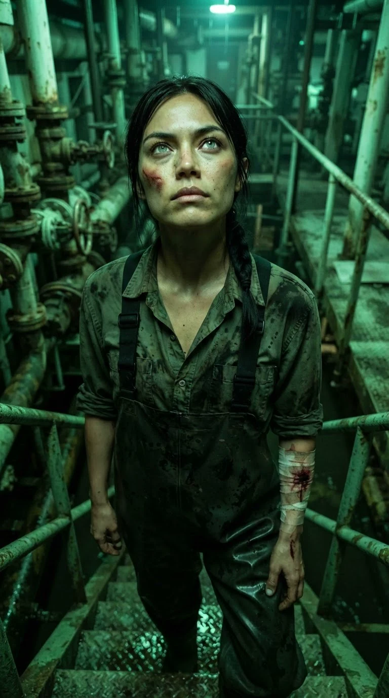 Kestra stands on the iron pump stairs with a red cheek and blood soaking through the tape on her arm.
