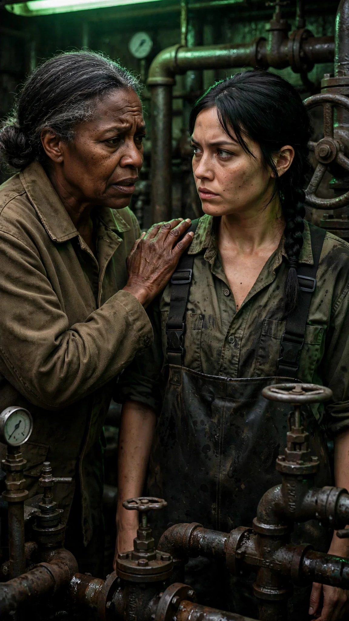 Ona speaks low and close to Kestra, one hand on her shoulder, iron pipes behind them.