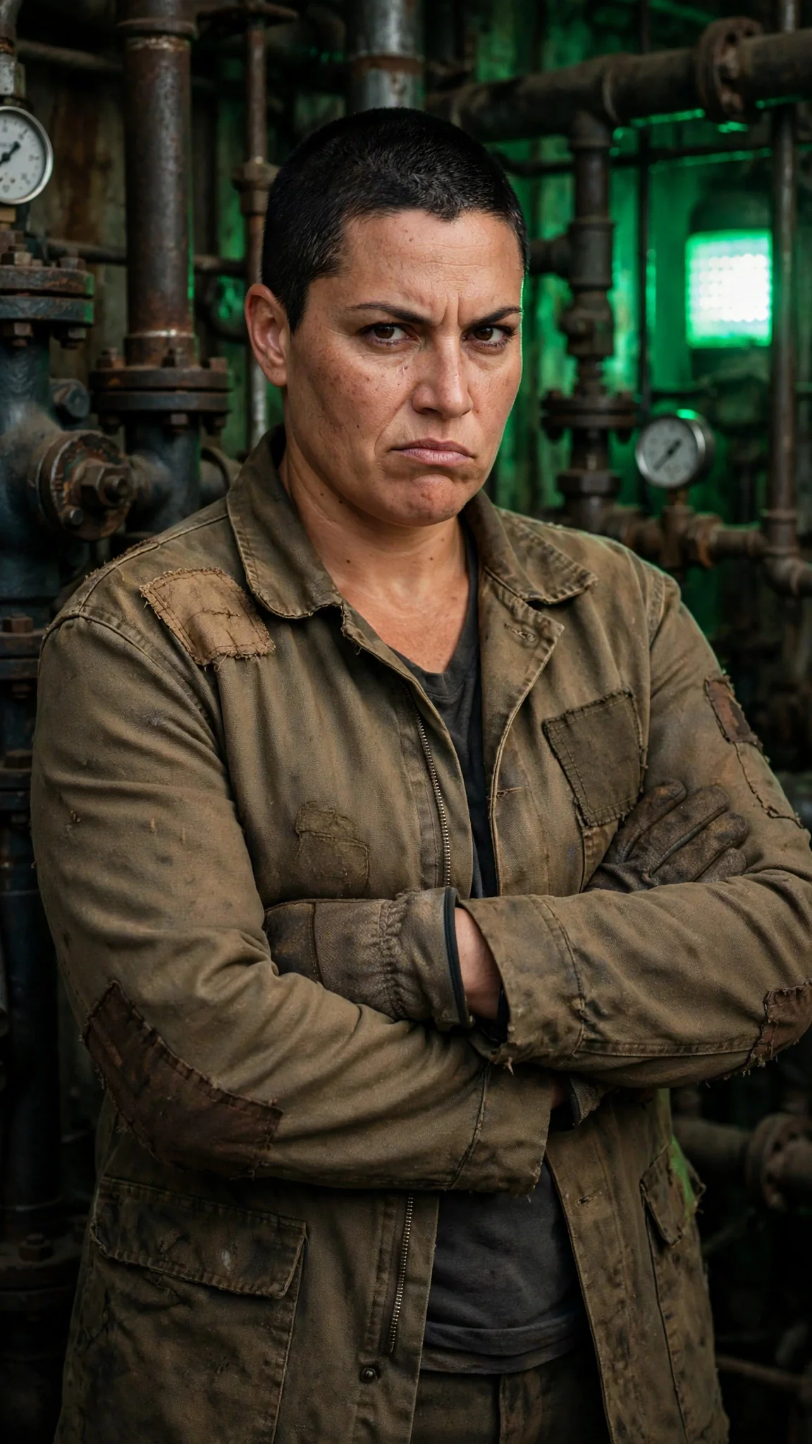 Mavra stands with arms crossed, angry, gloves stained with oil.
