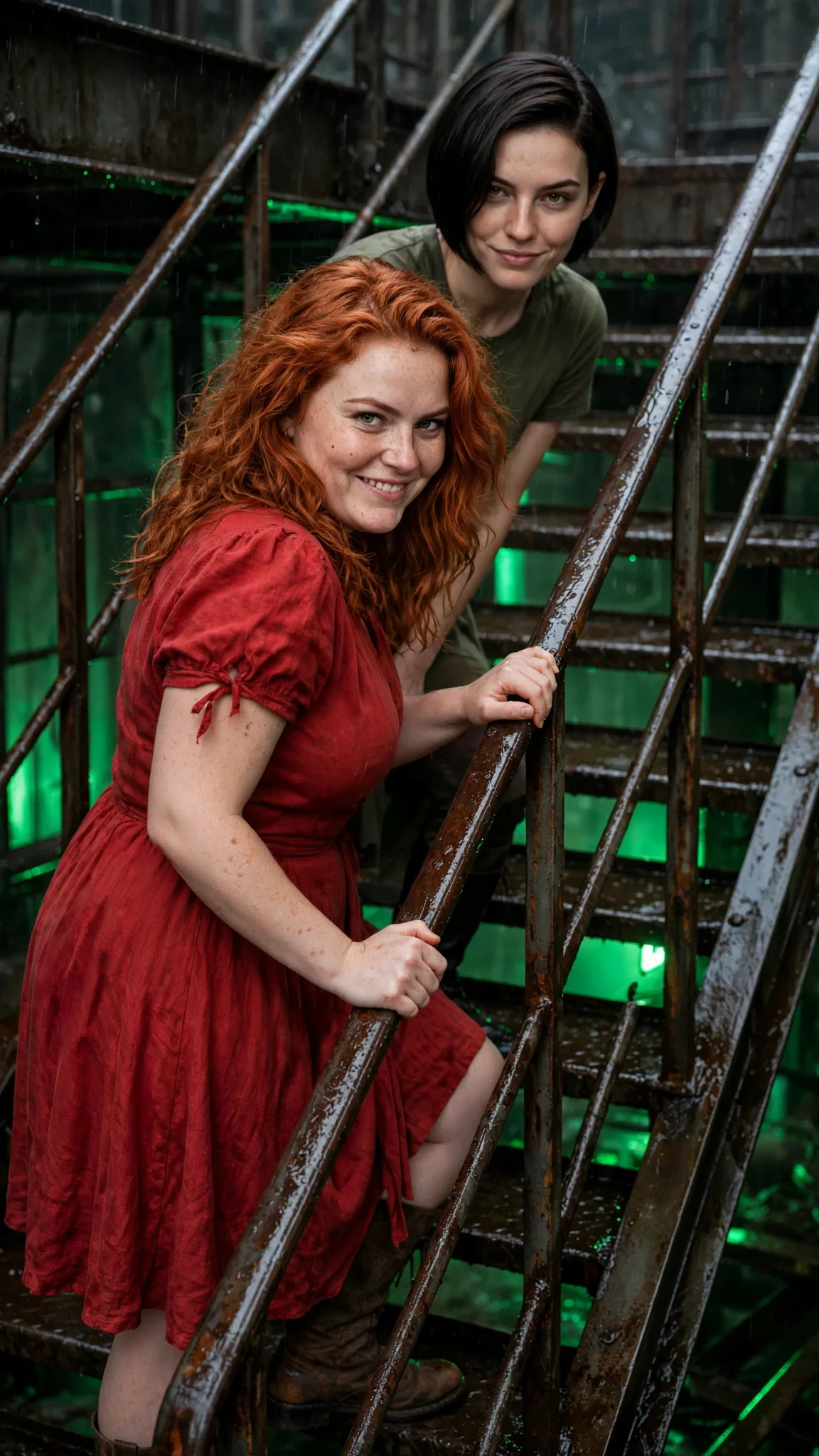 Veyla in a red dress climbs the wet iron stairs with Rhoswen behind her.