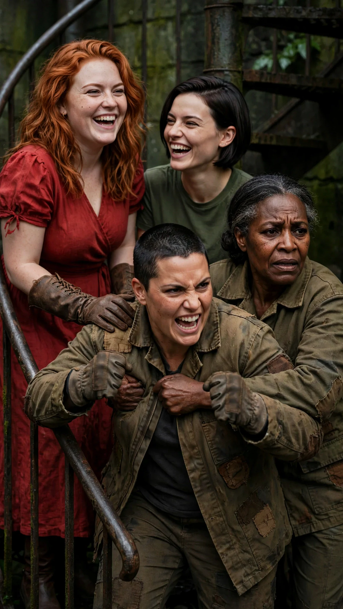 Veyla and Rhoswen laugh on the stairs while Ona holds Mavra back.