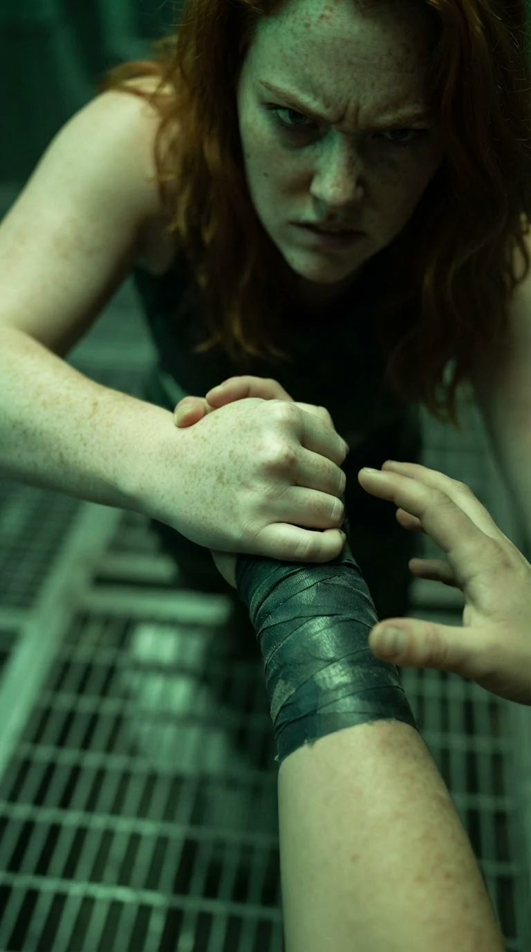 Close on Veyla's hand crushing Kestra's taped forearm as blood seeps through.