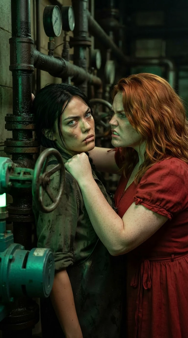 Veyla shoves Kestra into the iron pipe wall, her head snapping back, blood at her lip.