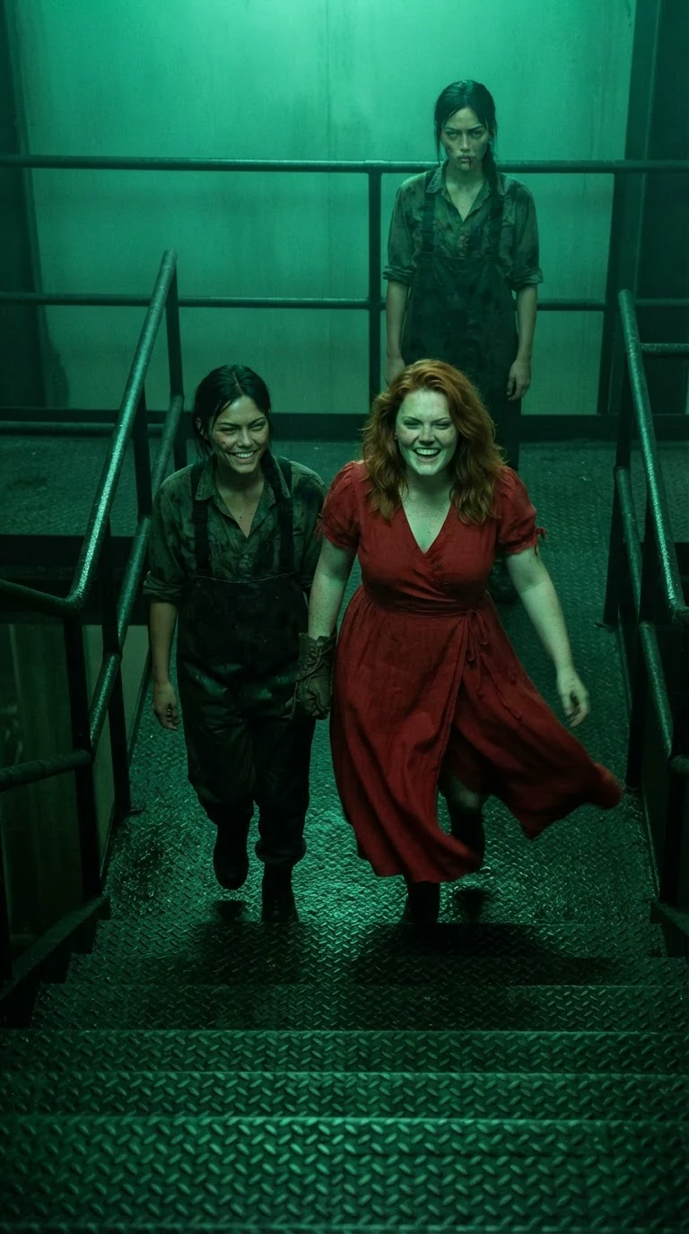 Veyla and Rhoswen walk away down the stairs, laughing, Kestra alone behind them.