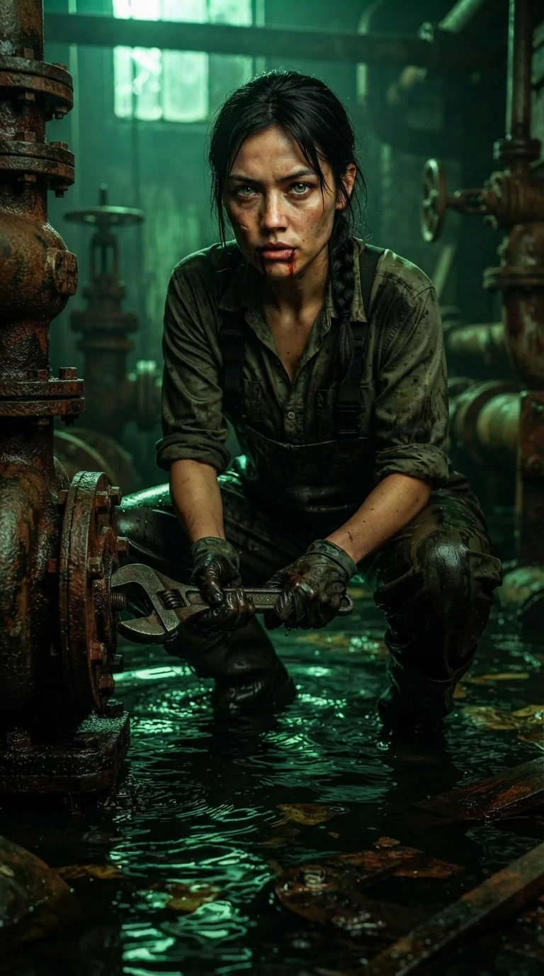Kestra crouches at pump three with a wrench, eyes shining in the green underwater light.
