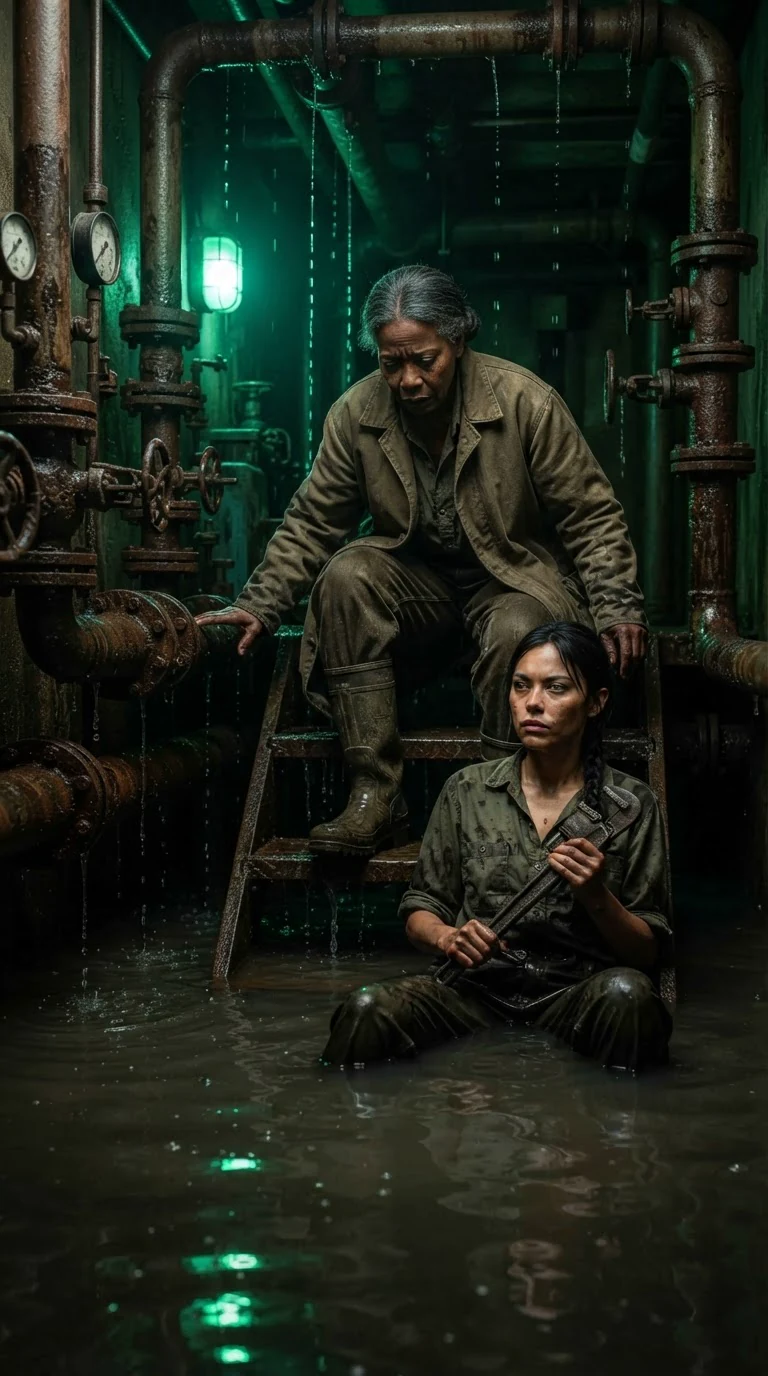 Ona lowers herself onto a wet metal step beside Kestra in the green pump-house light.