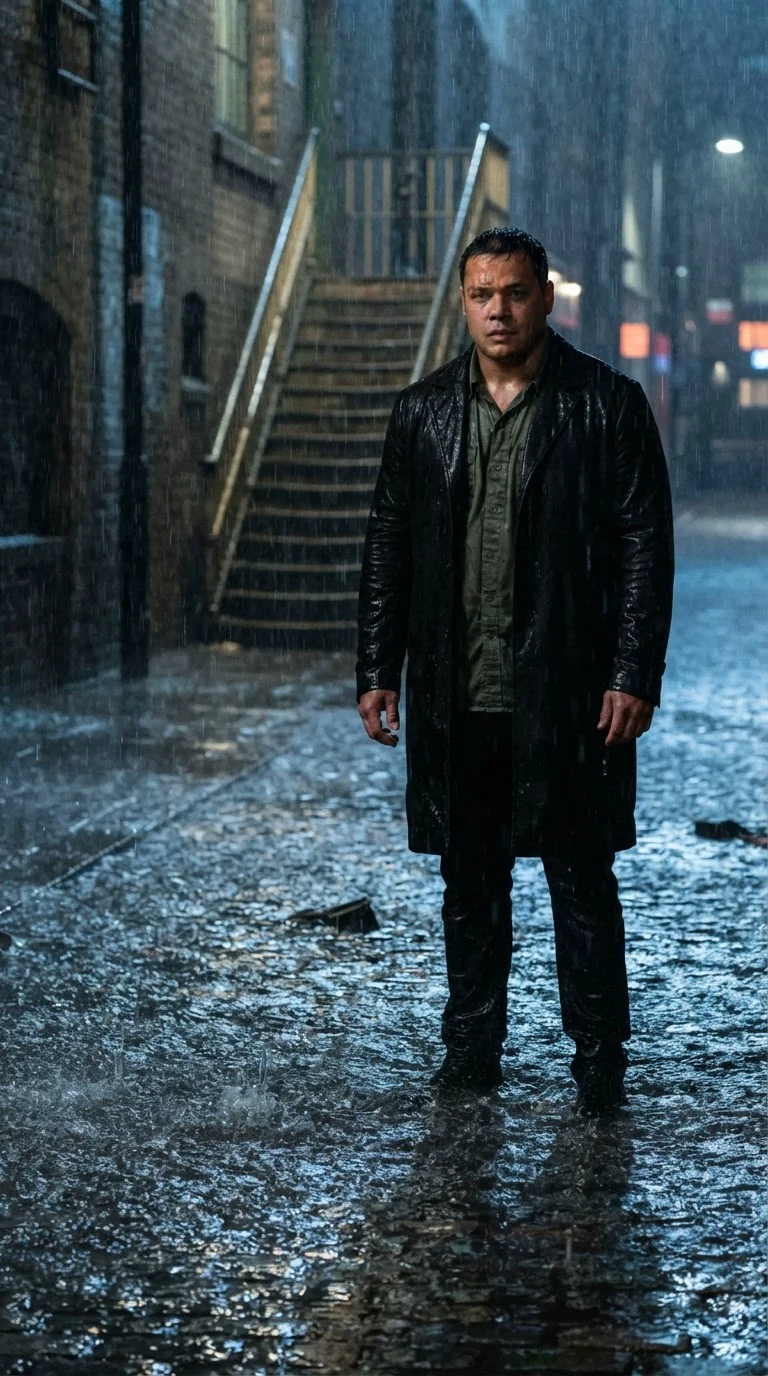 Aric stands soaked in the rain across the flooded street, not coming closer.