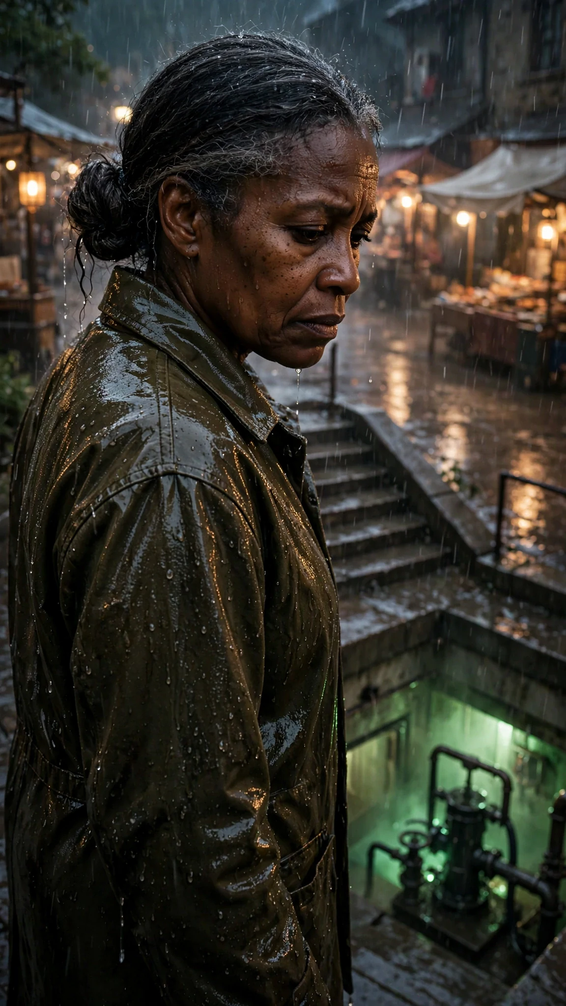 Ona looks back down the pump stairs at the green glow, rain on her shoulders.