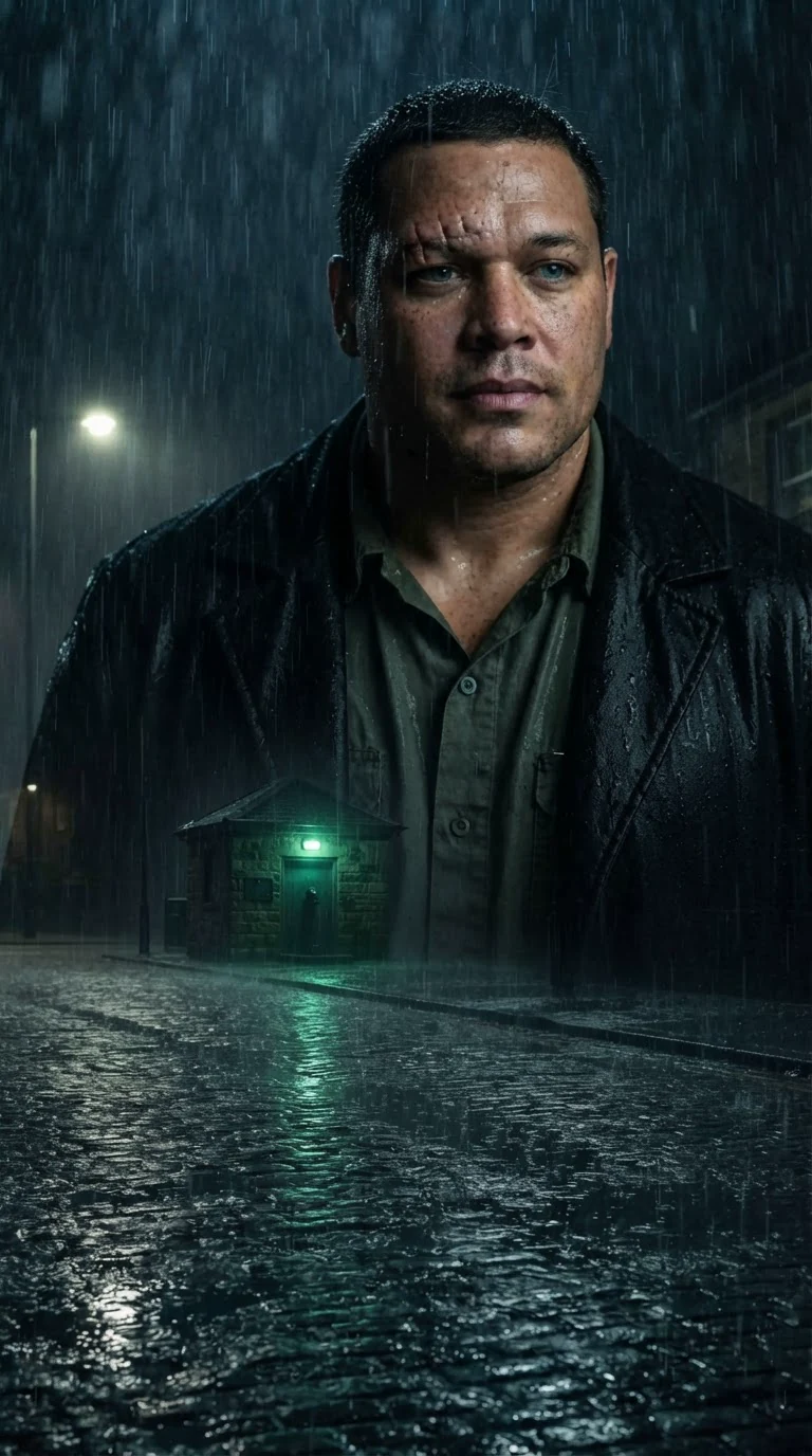 A soaked man in a black coat stands in the rain across from a pump house, jaw tight.
