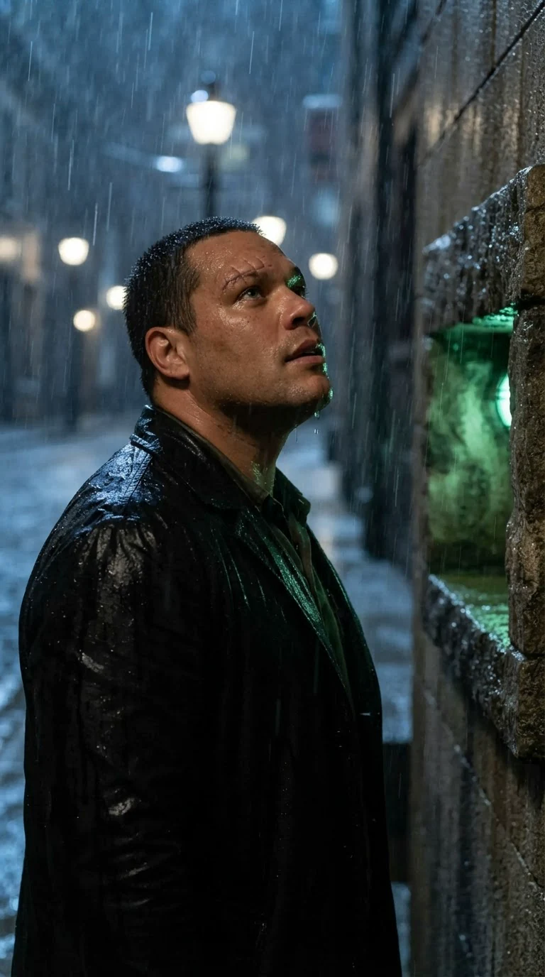 The same man looks up at the pump house hatch with rain in his eyes.