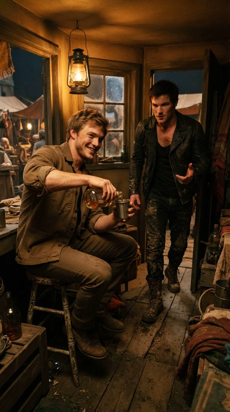A sandy-haired man pours himself a drink in a small market room while a red-haired man paces.