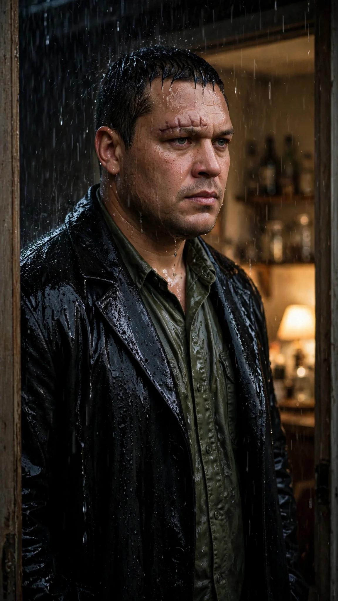 The dark-haired man stands dripping in the doorway, glaring at the room.