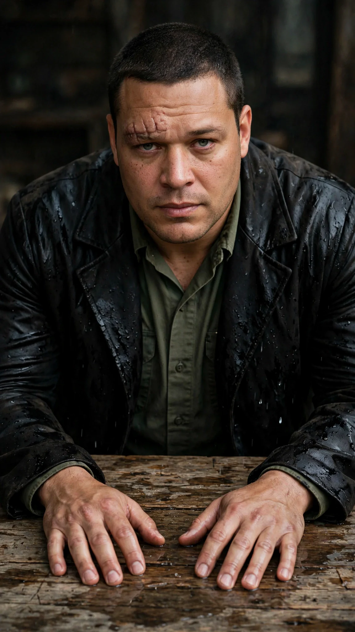 The dark-haired man leans on the table, speaking low and hard.