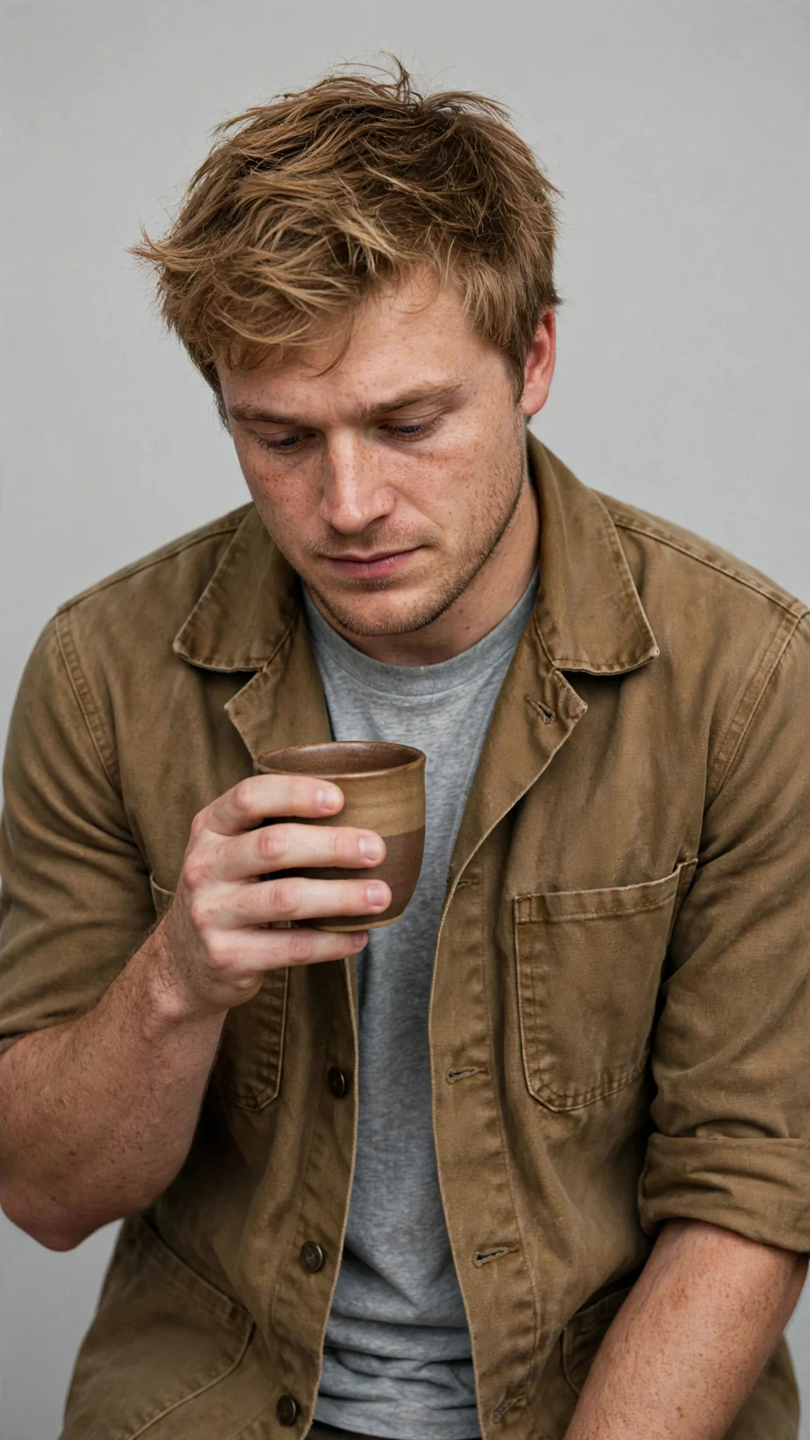 The sandy-haired man lowers his cup, grin gone.