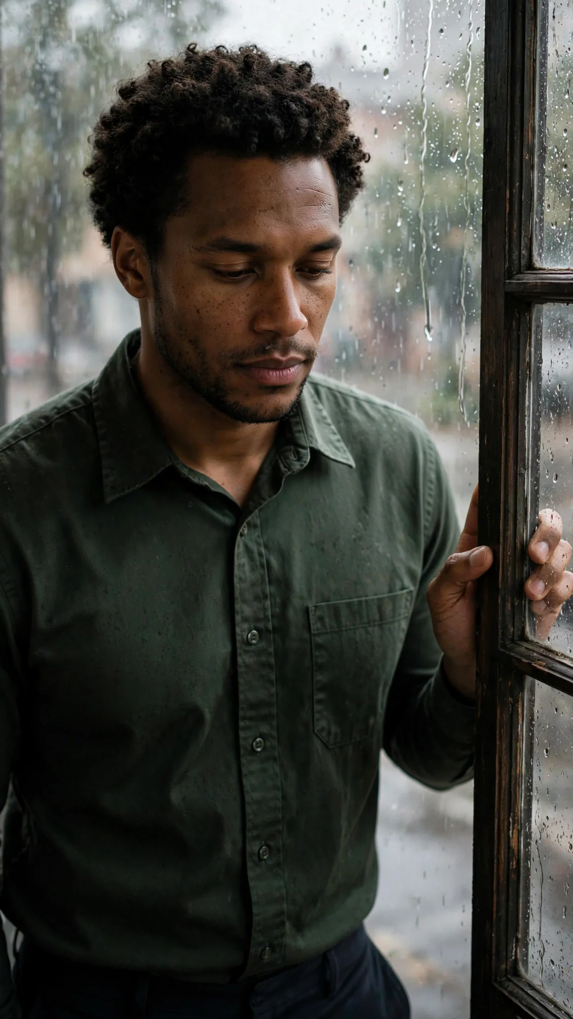 A tall calm man stands at a dark window, back half turned, face heavy.