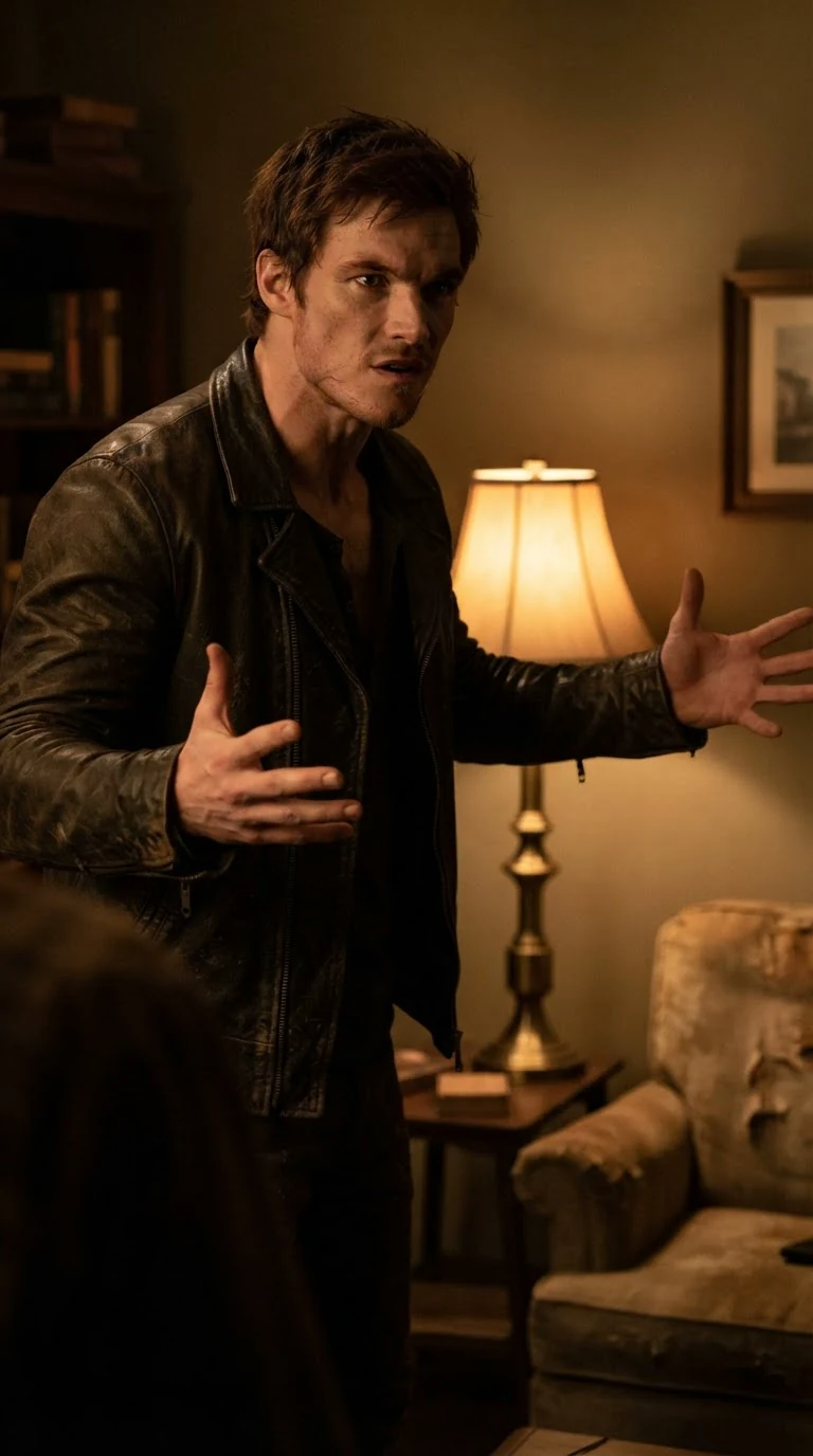 The scarred red-haired man shrugs with his arms out, angry and unconvinced.