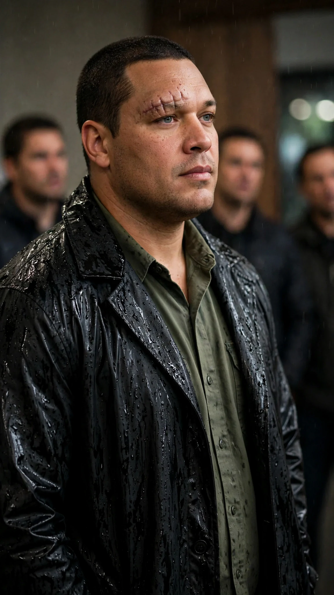 The dark-haired man straightens up and looks around the room at all three.