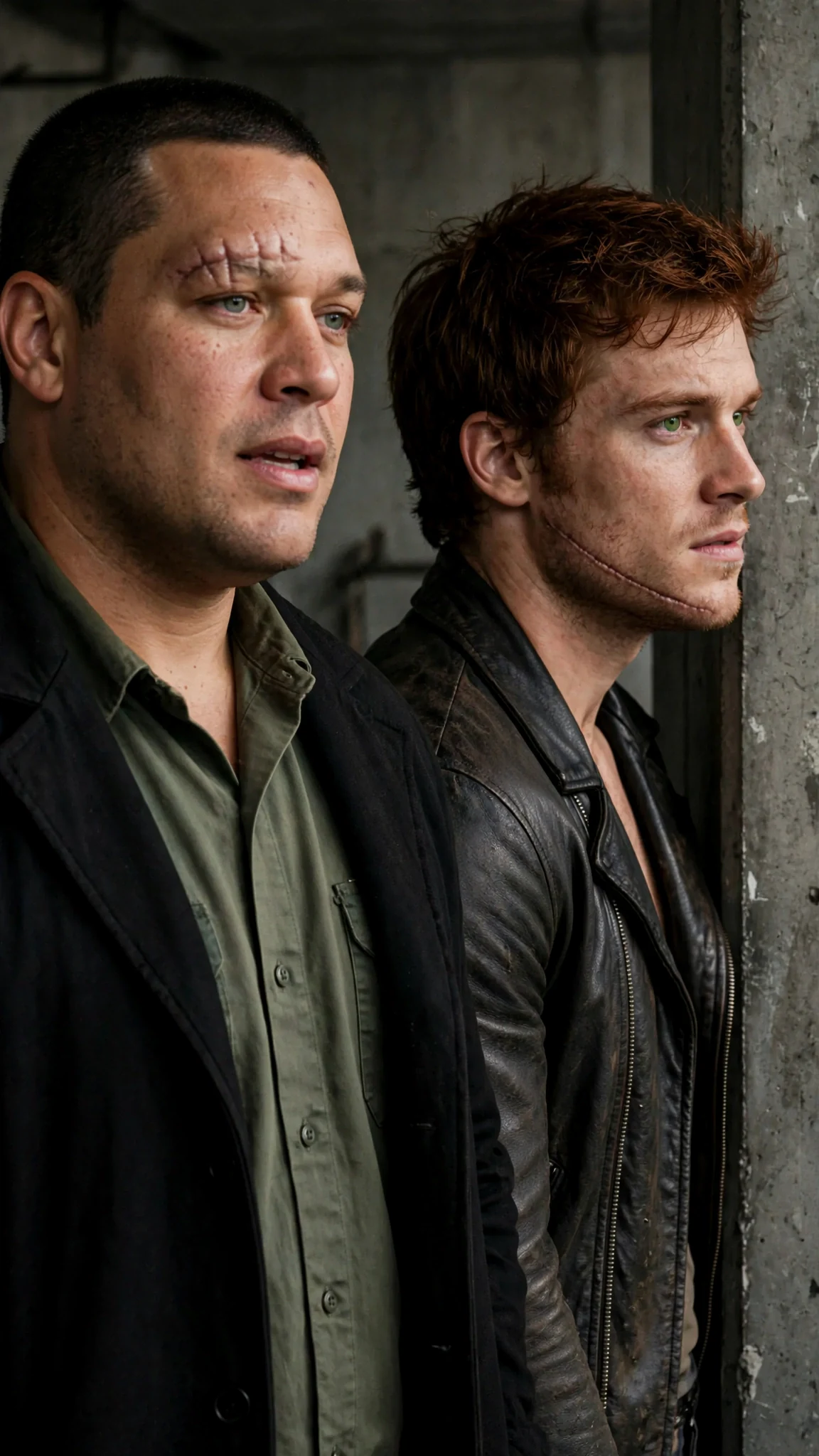 The dark-haired man speaks plainly, and the red-haired man stares at the wall.