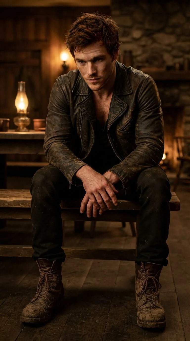The red-haired man sits down heavily on a bench, hands hanging.
