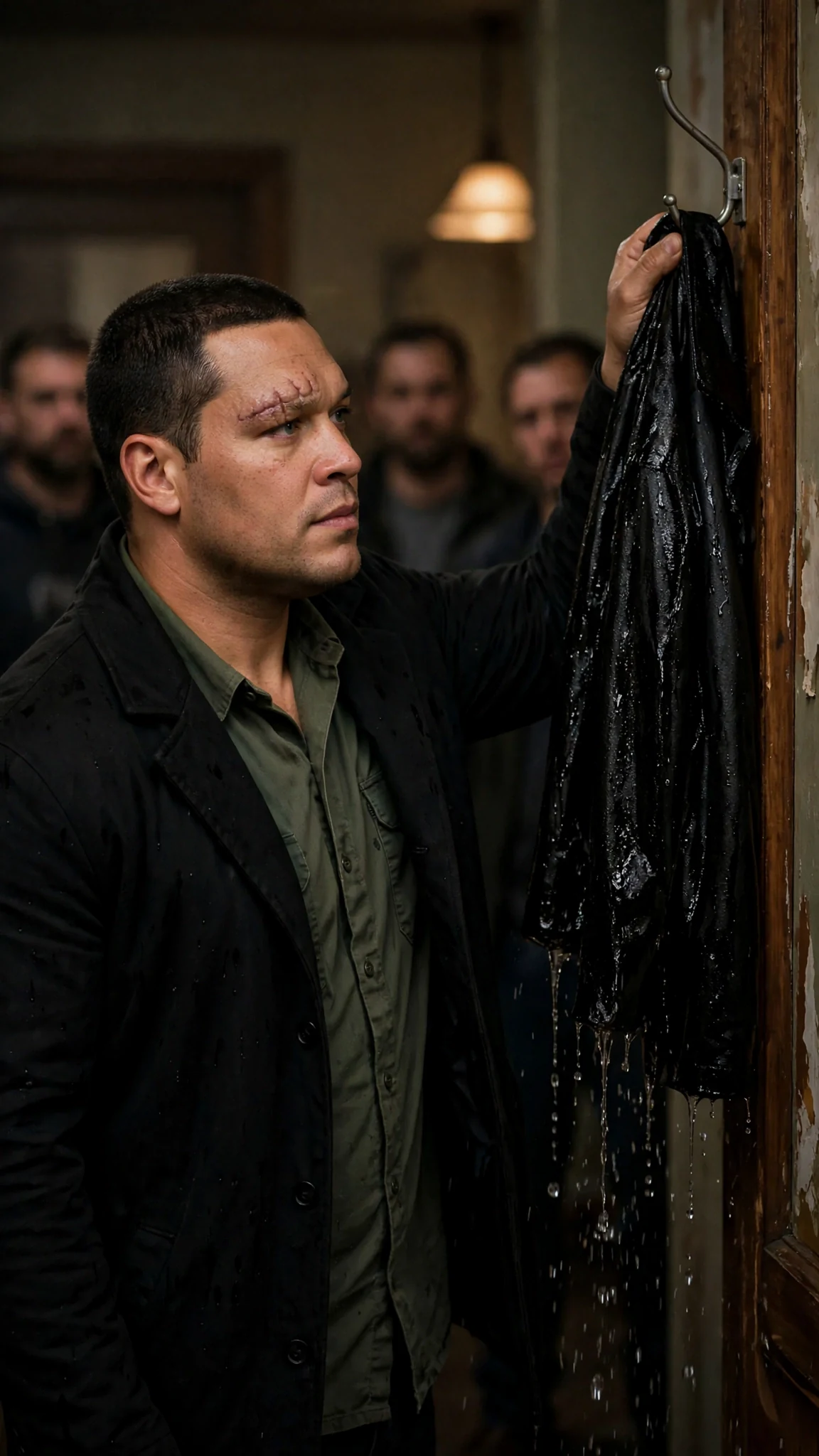 The dark-haired man pulls his wet coat off a hook and heads for the door.