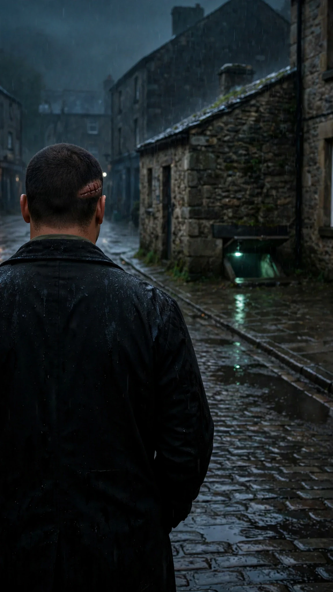 A wet street at night with a green-lit pump house hatch and a lone man walking away.