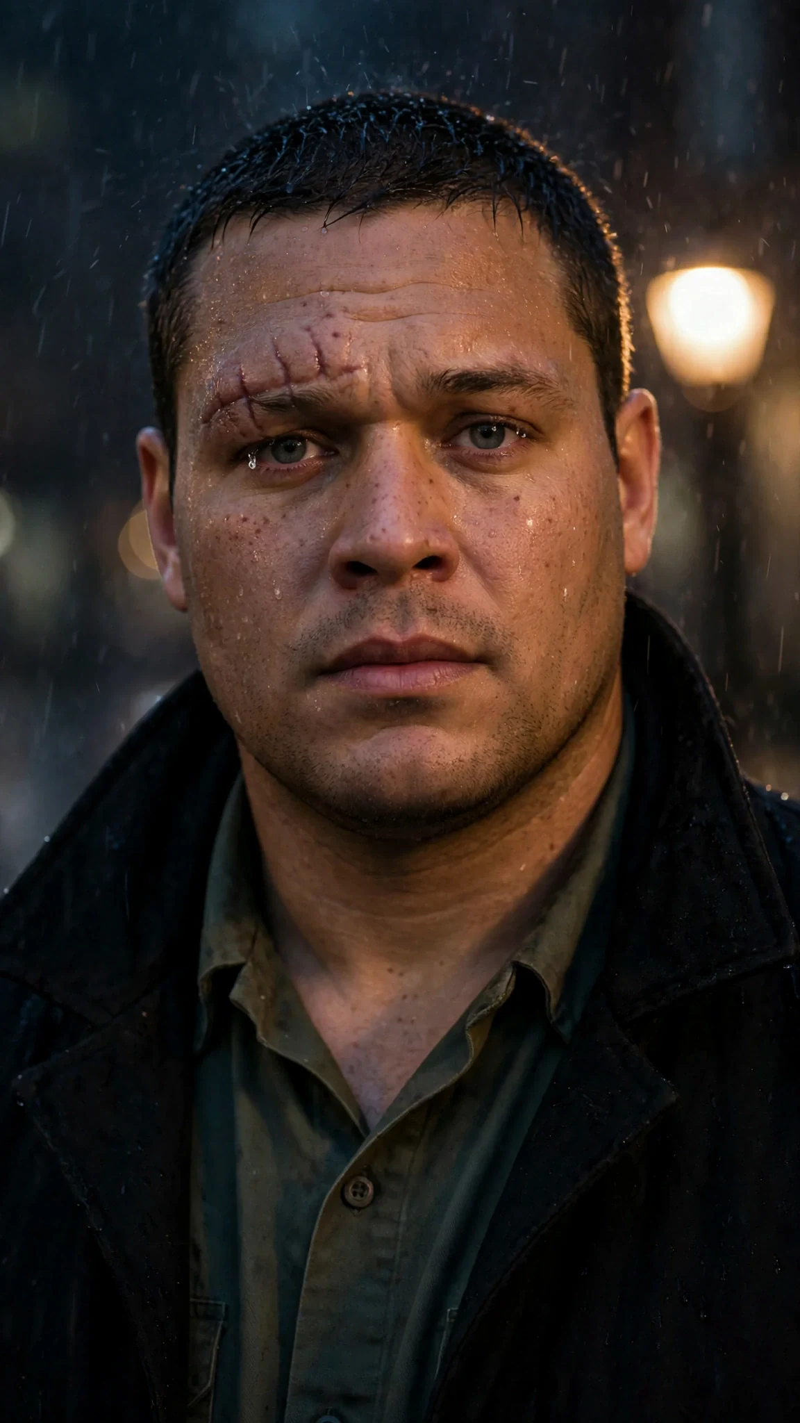 Close on the wet man's face under a street lamp, rain on his lashes.