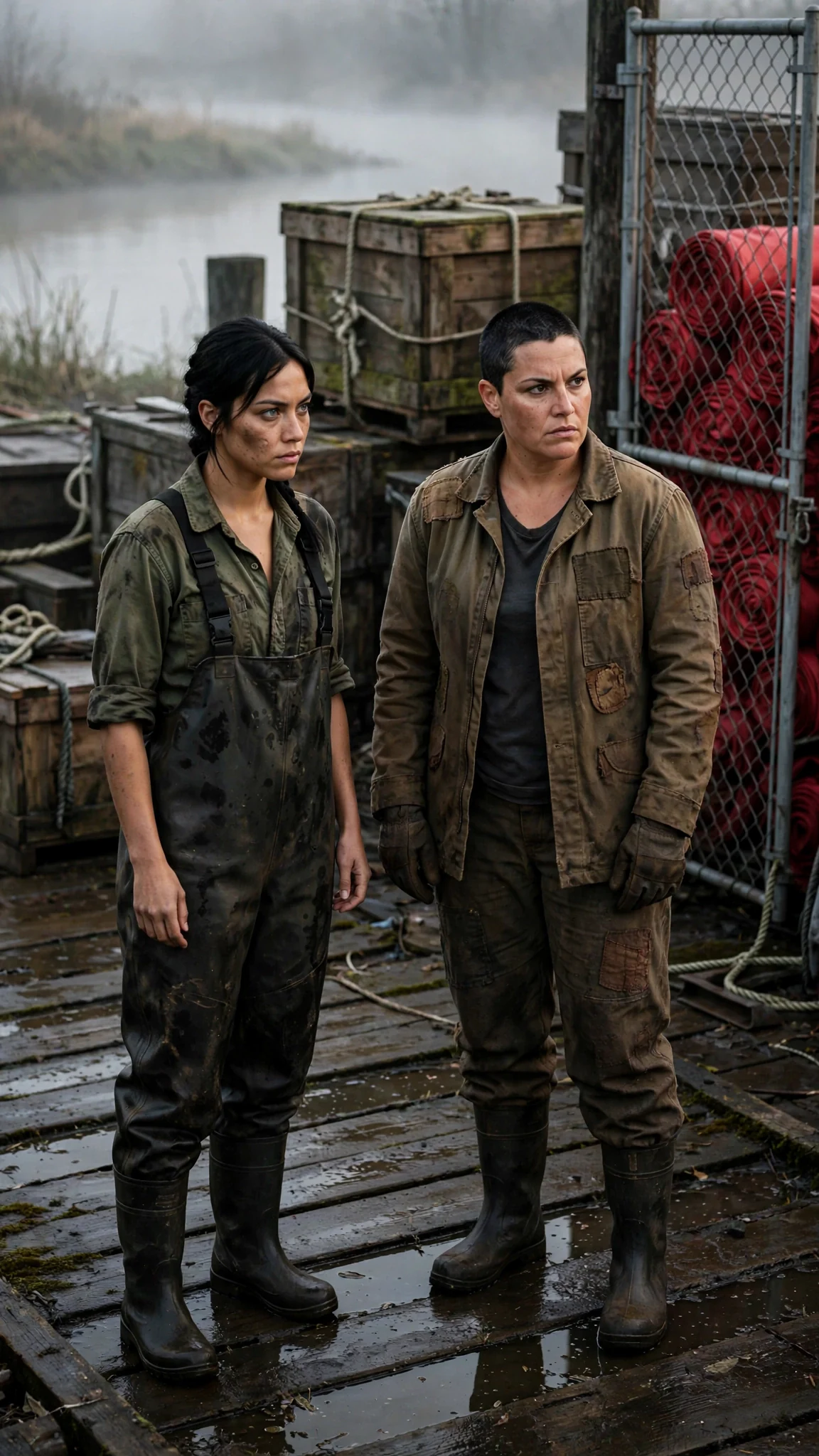 Two women in work clothes stand on wet dock boards at dawn, staring at a stack of crates by the gate.