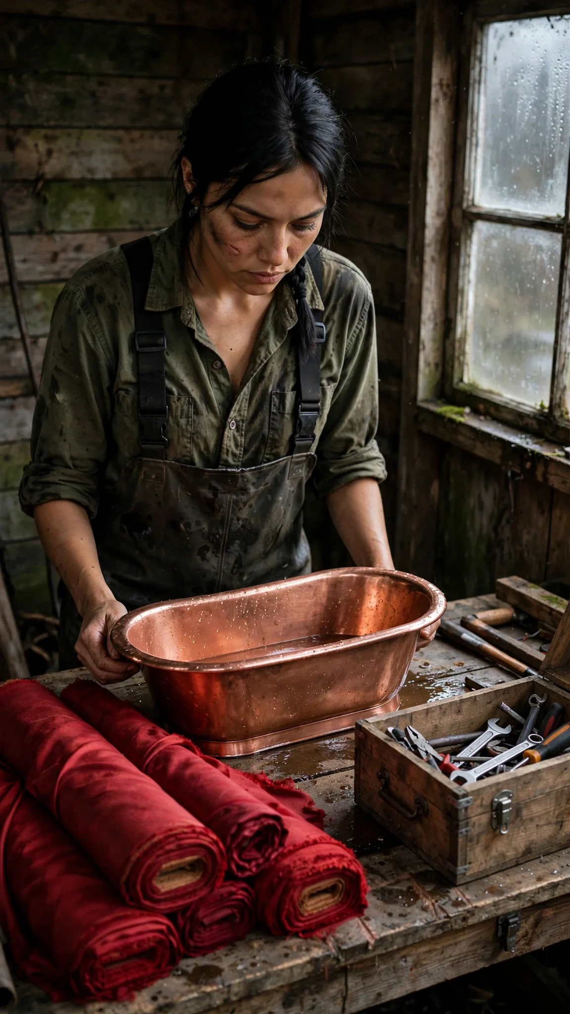 A woman in waders looks down at a copper bathtub and folded red silk on her workbench.