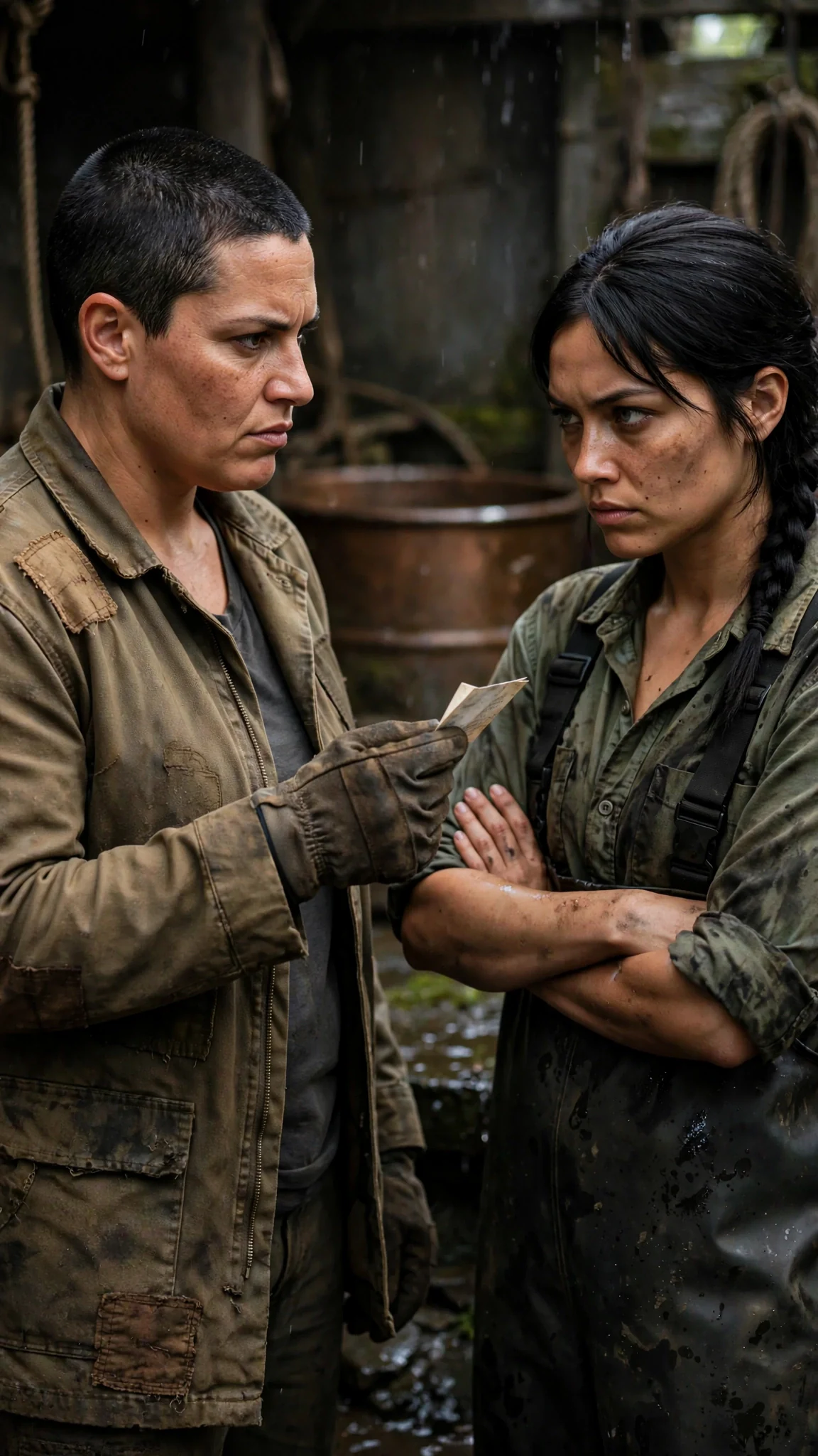 A stocky woman in a patched jacket holds a small folded note out toward her friend.