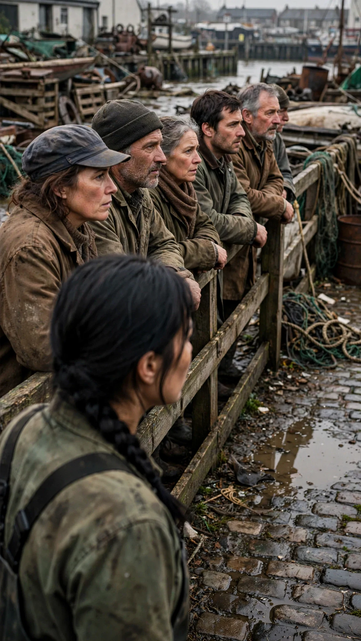 A crowd of townsfolk lines a low fence, all staring at one woman in the yard.