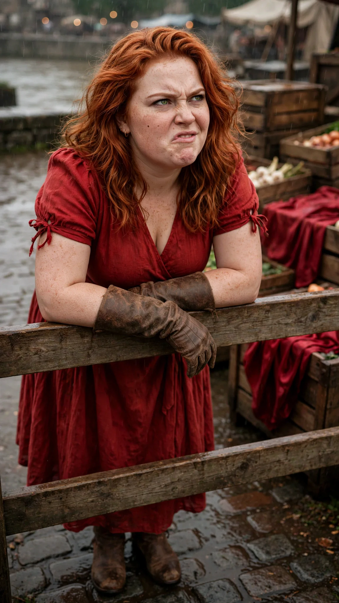 A curvy red-haired woman in a market dress leans on the fence, sneering into the yard.